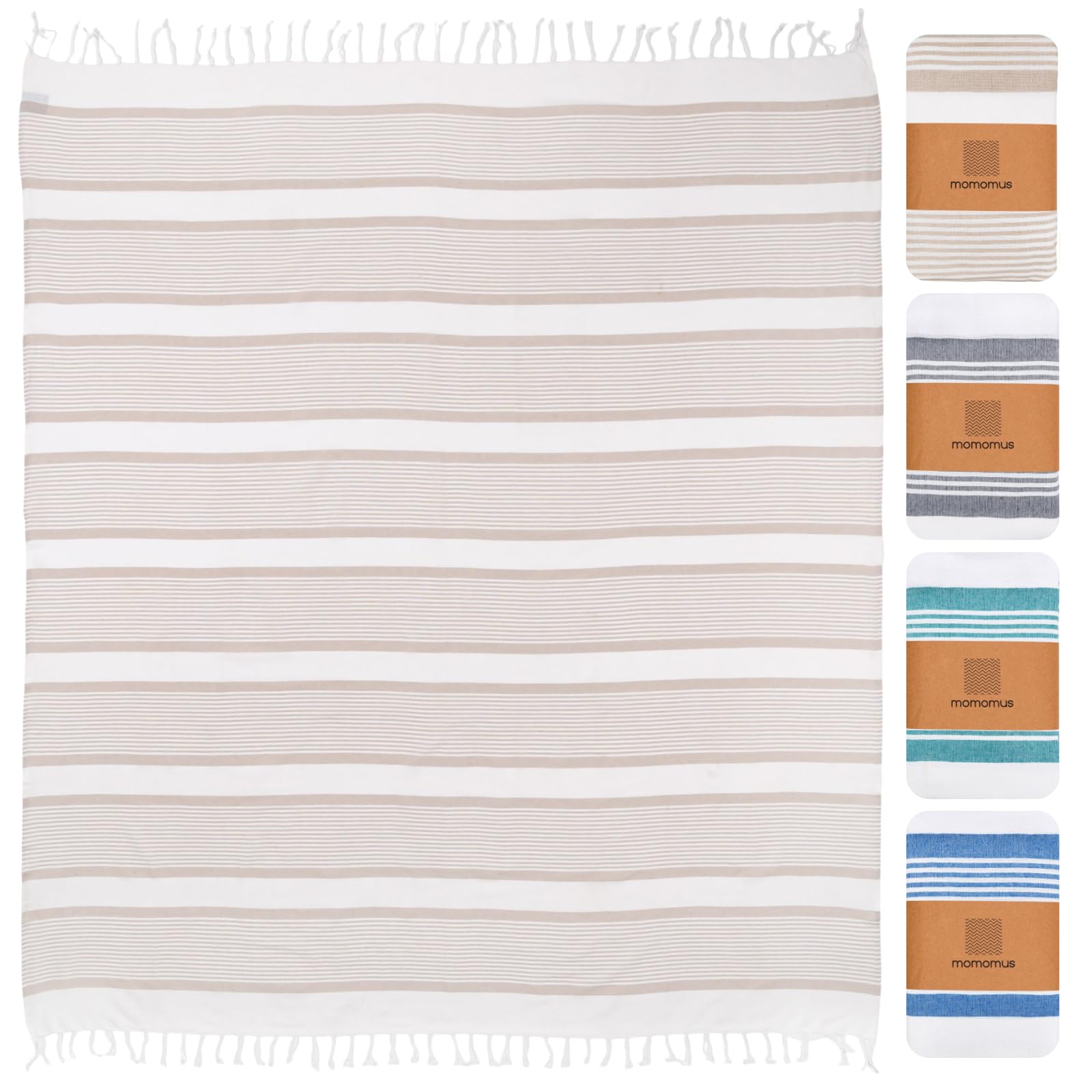 MOMOMUS Fouta XXL ou Grande Couverture de Pique-Nique Anti-Sable – Finition Bohème, Légère, Polyvalente – Tapis de Plage Anti Sable/Serviette de Plage XXL – Beige, 210 x 240 cm