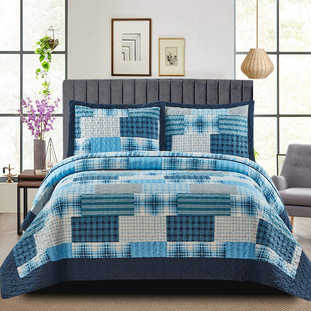 B&B Patchwork Quilt Bedspread Super King Size Bed - 3 Pcs Box Pattern Thick Cotton Filling Bed Warmer Large Blanket Bed Spread With Quilt Fabric 2 Pillowcase - Denim Blue