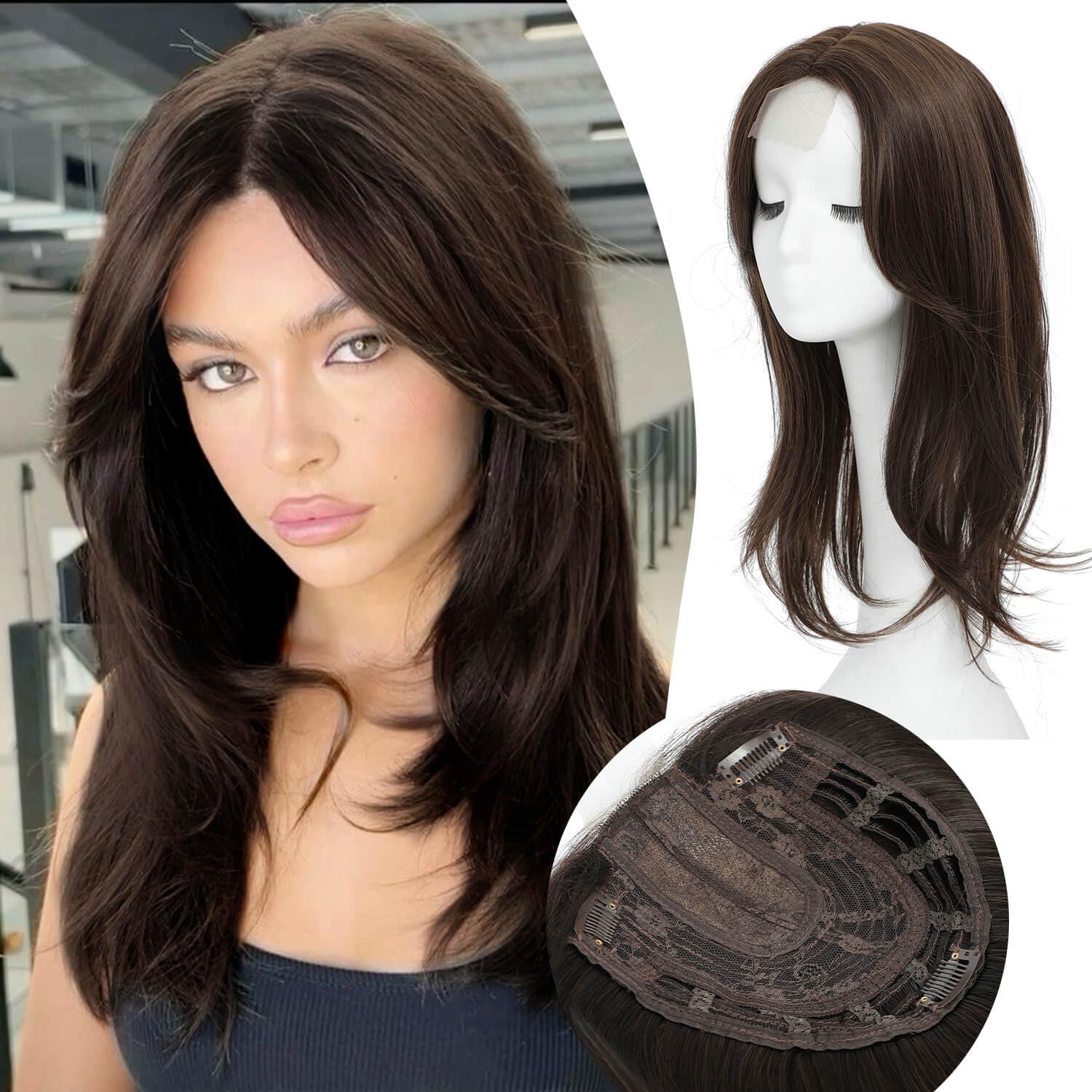 Ms Taj Hair Topper 18 Inch for Women with Thinning Hair - Long Layered 6.5"X6.5" Synthetic Hair Pieces - Fiber Wiglets for Ladies(Soft Brown)