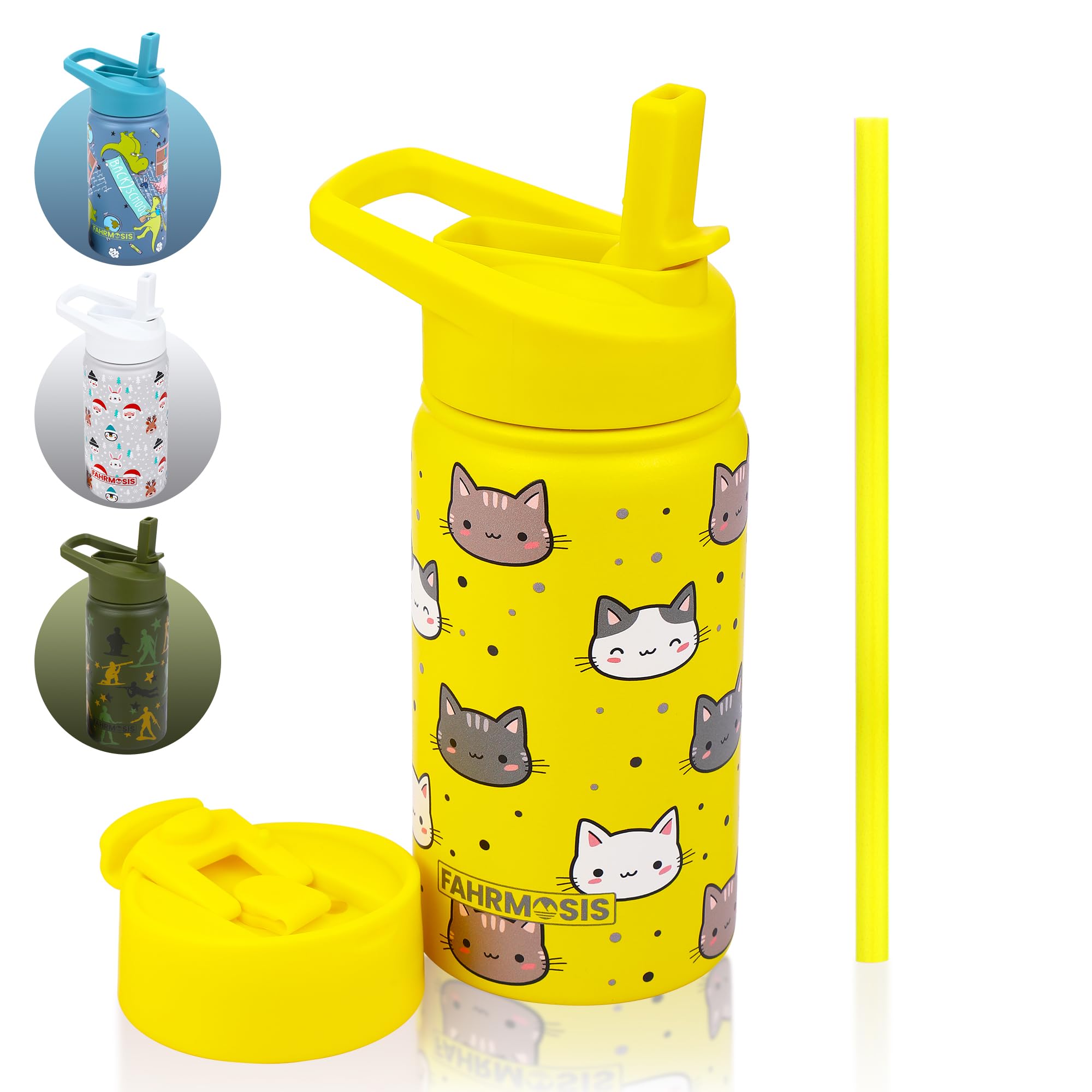 14 OZ Kids Water Bottle with Straw 2 Lids Flip Spout Leak Proof Metal Insulated Stainless Steel Reusable