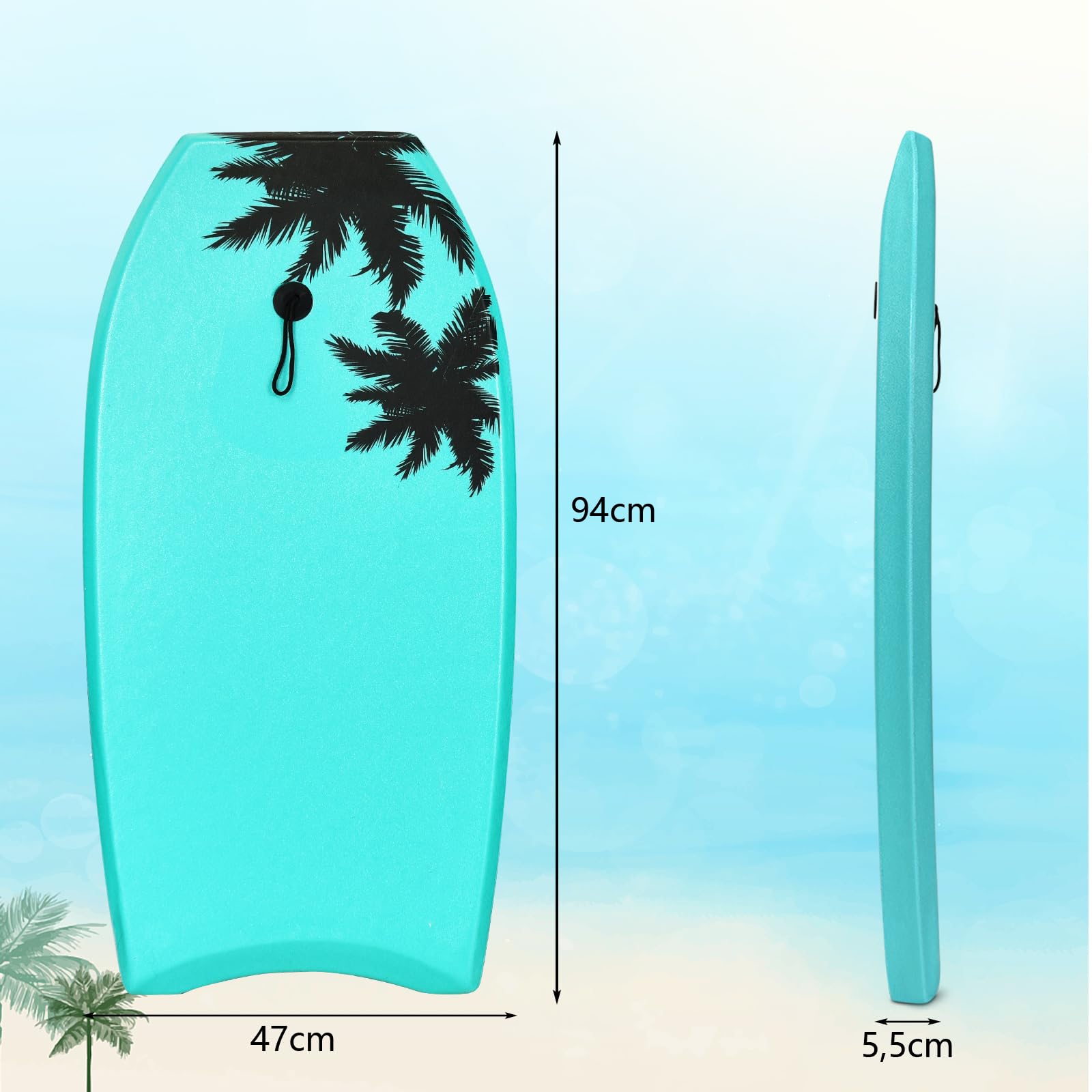 HOMASIS Bodyboard Surf da Tavola con Cavo di Trazione da 90 cm, Tavola da Surf per Bambini e Adulti, Tavola da Onda con Nucleo in Schiuma EPS e Motivo di Alberi di Cocco