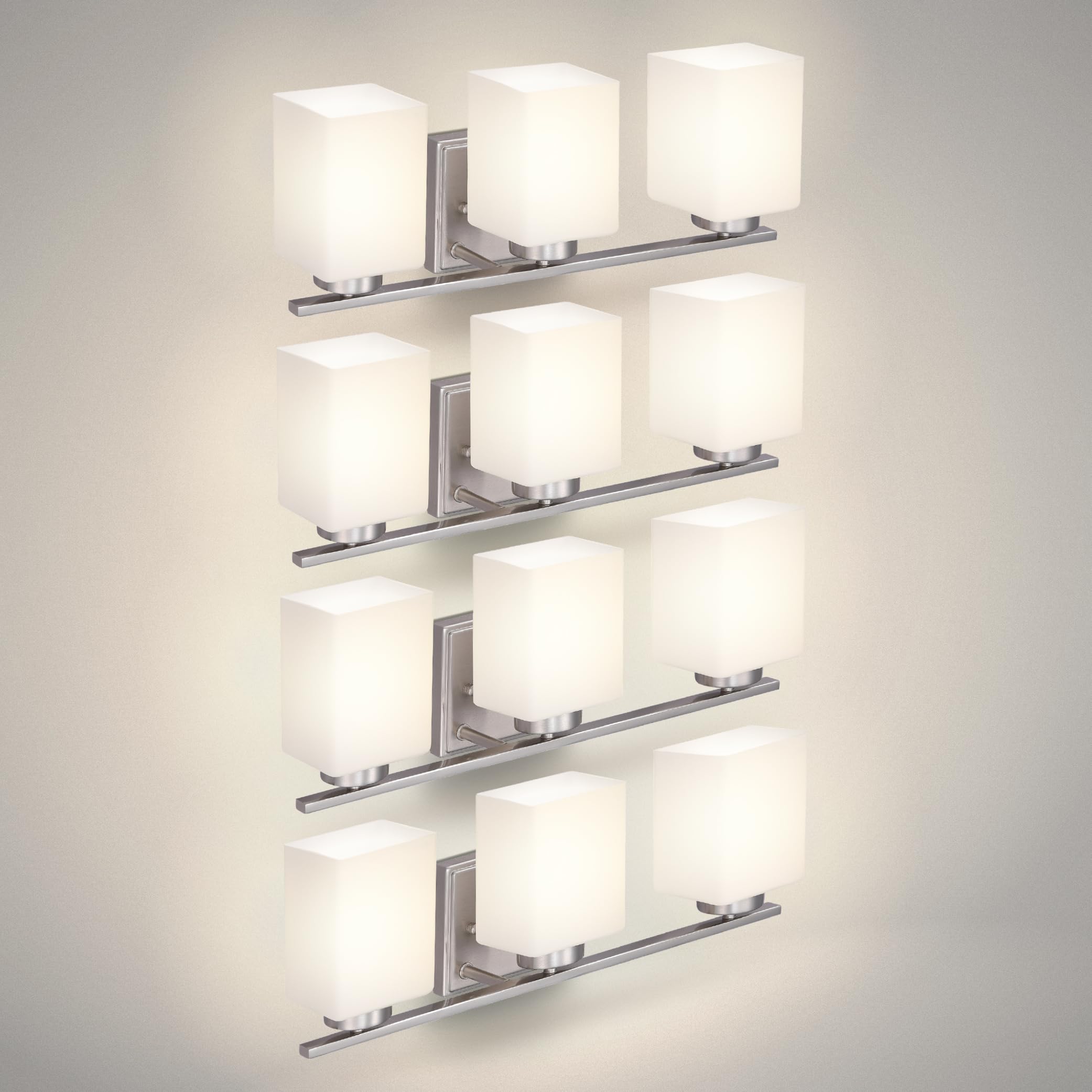 ASD 3-Light Wall Mount Vanity Lighting Fixture | 60W E26 Socket 120V | Dimmable, LED/CFL/Incandescent Bulbs Compatible, ETL Listed | Bathroom Over Sink Sconce, Long Bath Frosted Lamp | Nickel, 4 Pack