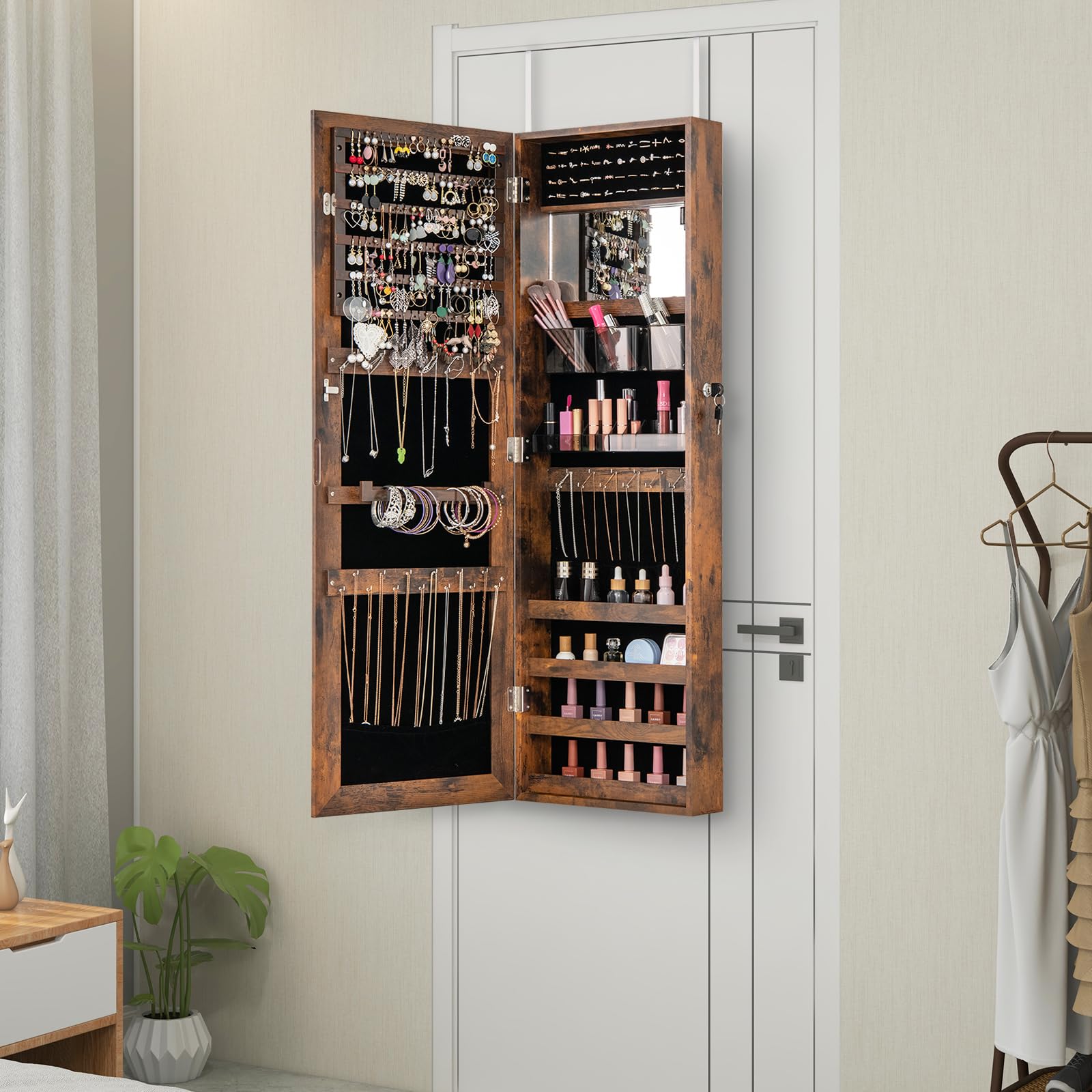 COSTWAY Armoire à Bijoux, Armoire à Bijoux Murale/de Porte avec Miroir Pleine Longueur et Miroir de Maquillage Intérieur, Cintres Réglables, Verrou, Doublure Douce, pour Chambre (Marron Rustique)
