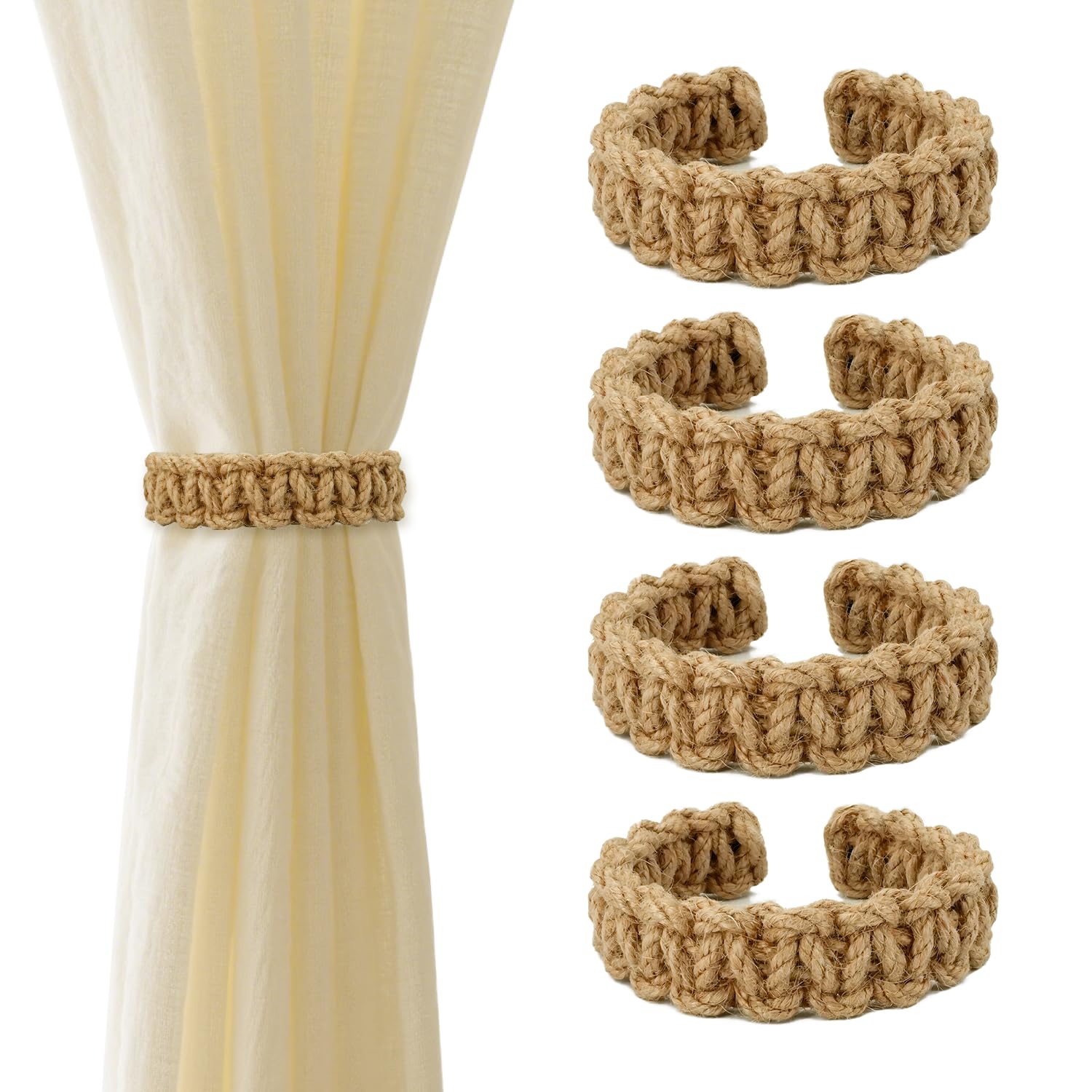 Outdoor Curtain Tiebacks, Curtain Ties (4 Pack) - Boho Braided Farmhouse Rustic Flexible Rope Drapes Holder, Burlap Elegant Light Curtain Holdback for