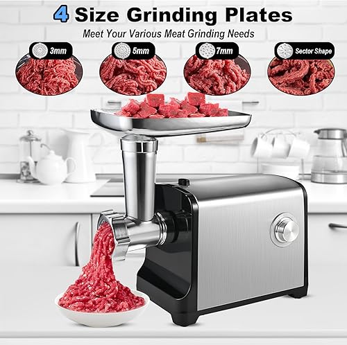 Miniatura 3 de Picadora eléctrica de carne, 3500 W máximo Picadora de carne resistente para uso doméstico, relleno de salchichas con 2 cuchillas, 4 placas de