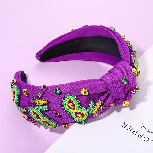 Miniatura 5 de Diadema de Mardi Gras, accesorios para mujer, diadema con cuentas de flor de lis, diadema anudada con diamantes de imitación morados, martes de