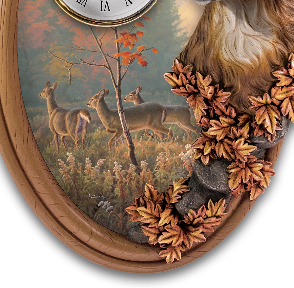 The Bradford Exchange Majestic Guardian 17" High Oval Sculptural Wall Clock with A Woodgrain Finish Adorned with 2D and Sculpted 3D Deer Art by Artist Greg Alexander