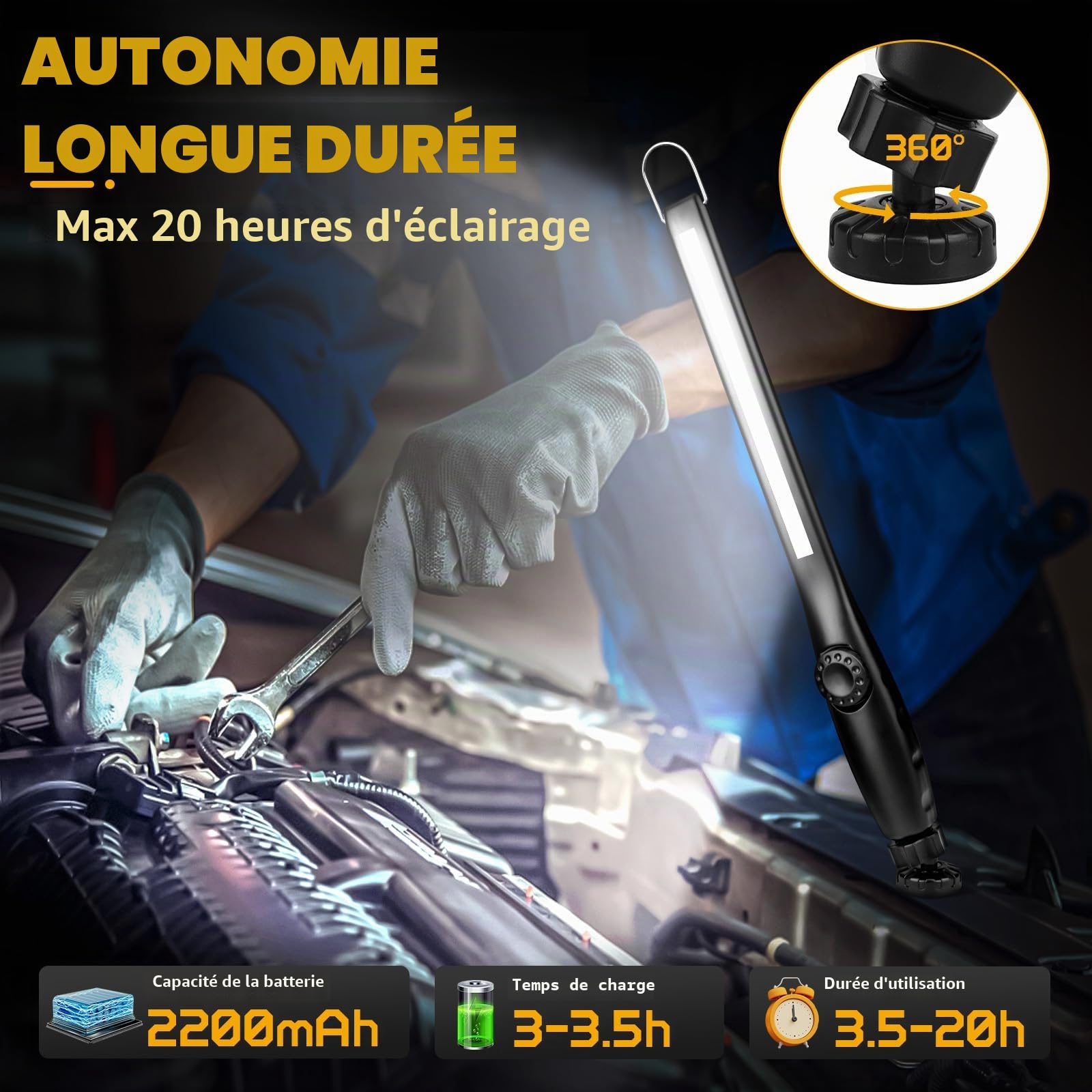 highsam Baladeuse Led Mecanicien, Lampe de Travail Rechargeable, COB Lampe Atelier Dimmable, Lampe de Poche LED pour Voiture, Garage, Camping (3 Pièces)