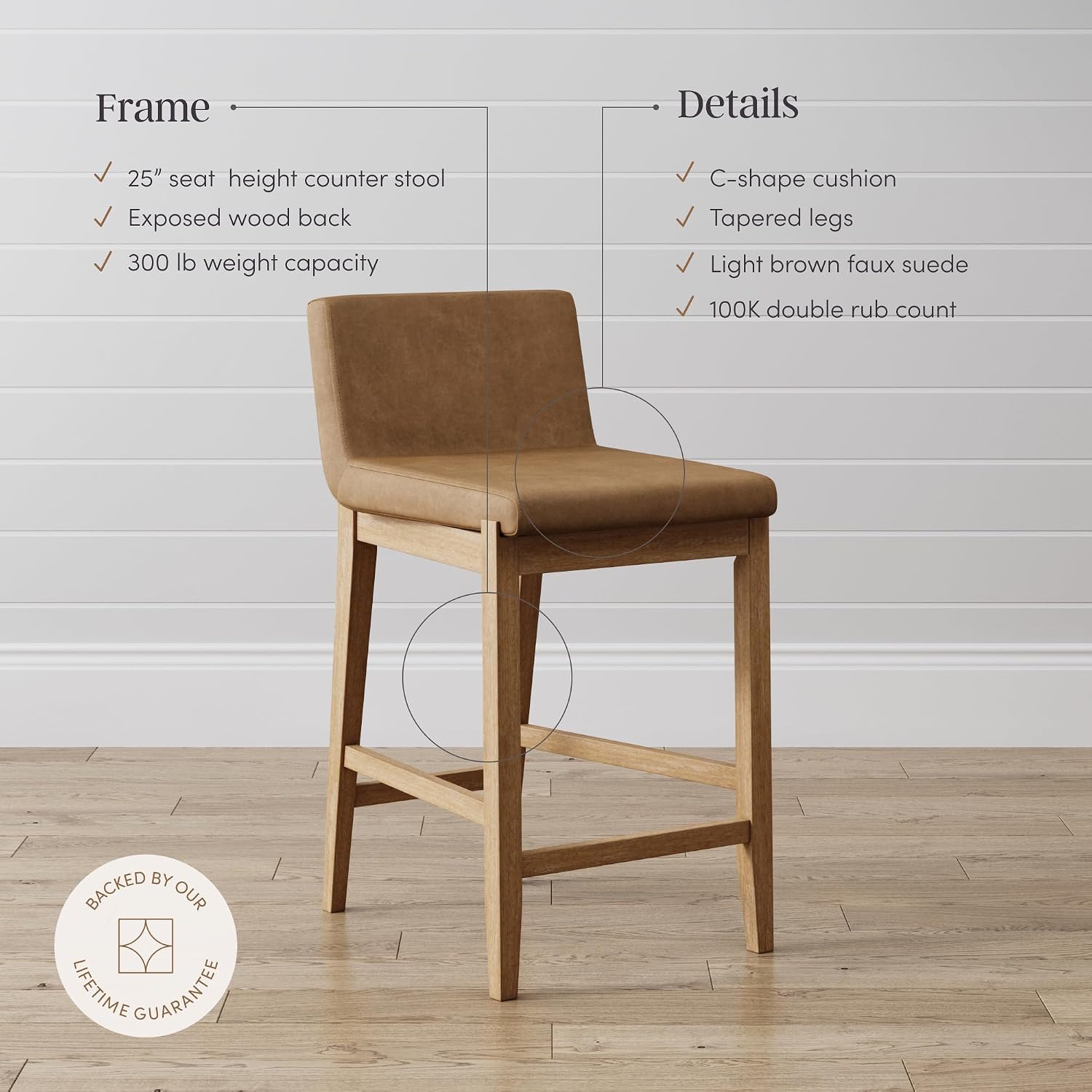 Nathan James Gracie Modern Counter Height Bar Stool with Back, Counter Stool Upholstered Chair with PU Leather and Brushed Wooden Legs, Light Brown, Set of 4