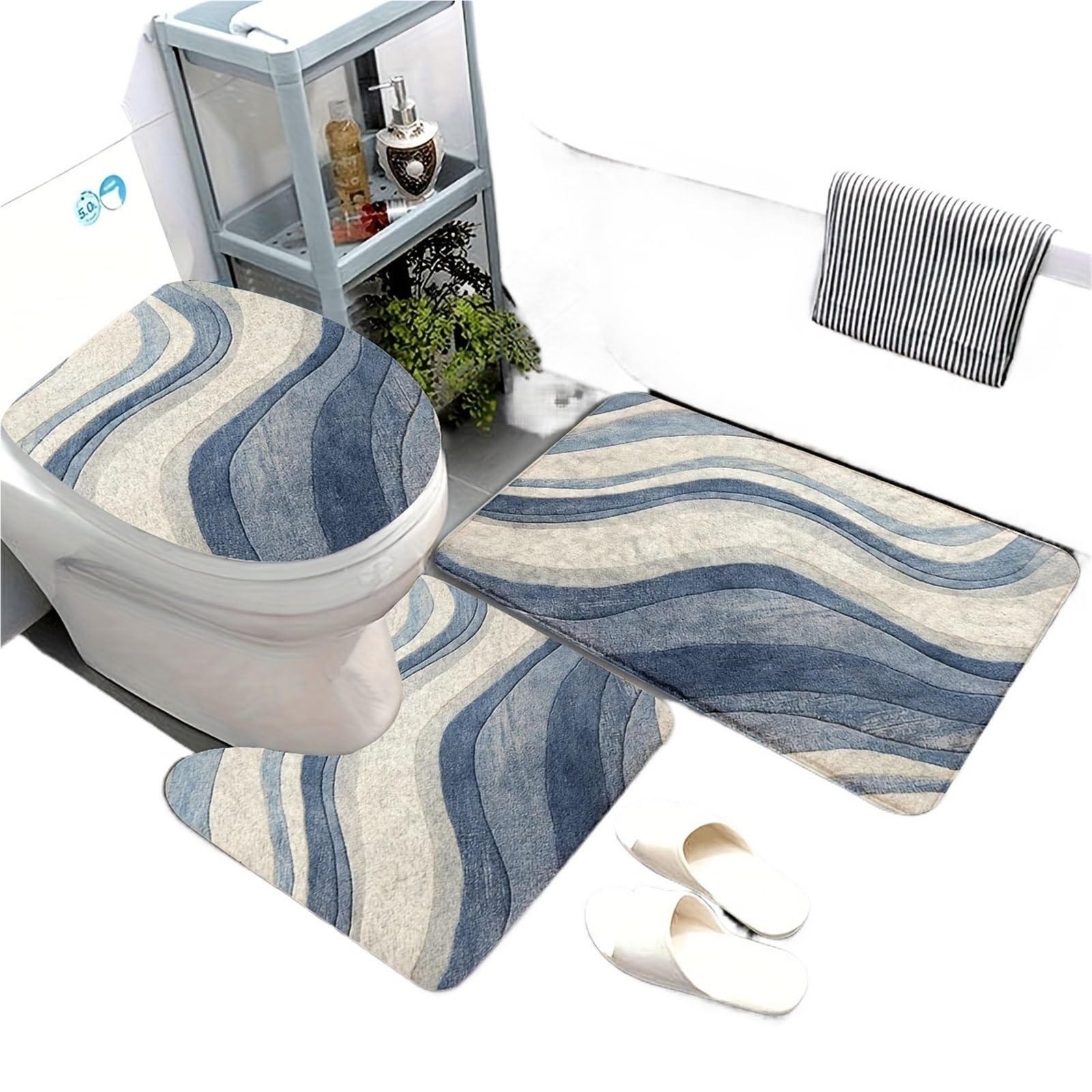 Ensemble de Tapis de Bain Tapis de Sol Salle Bain Moderne et Simple (3 pièces) - Imperméable antidérapant Motif ondulé Bleu Blanc