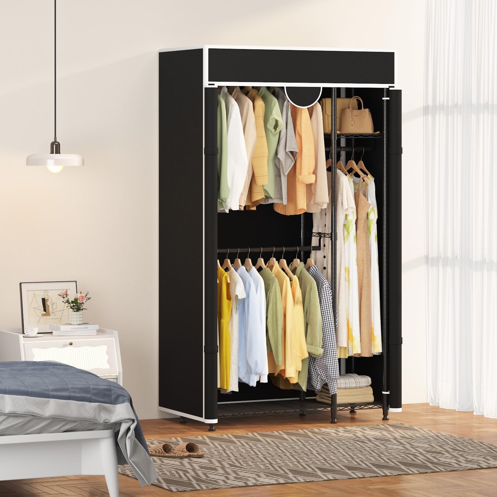 Aptliton Kleiderschrank, Stoffschrank Mit 2 Kleiderstangen, Faltbarer Garderobenschrank Aus Carbonstahl, Tragbarer Aufbewahrungsschrank Für Schlafzimmer Ankleidezimmer, 110 x 40 x 194 cm, Schwarz