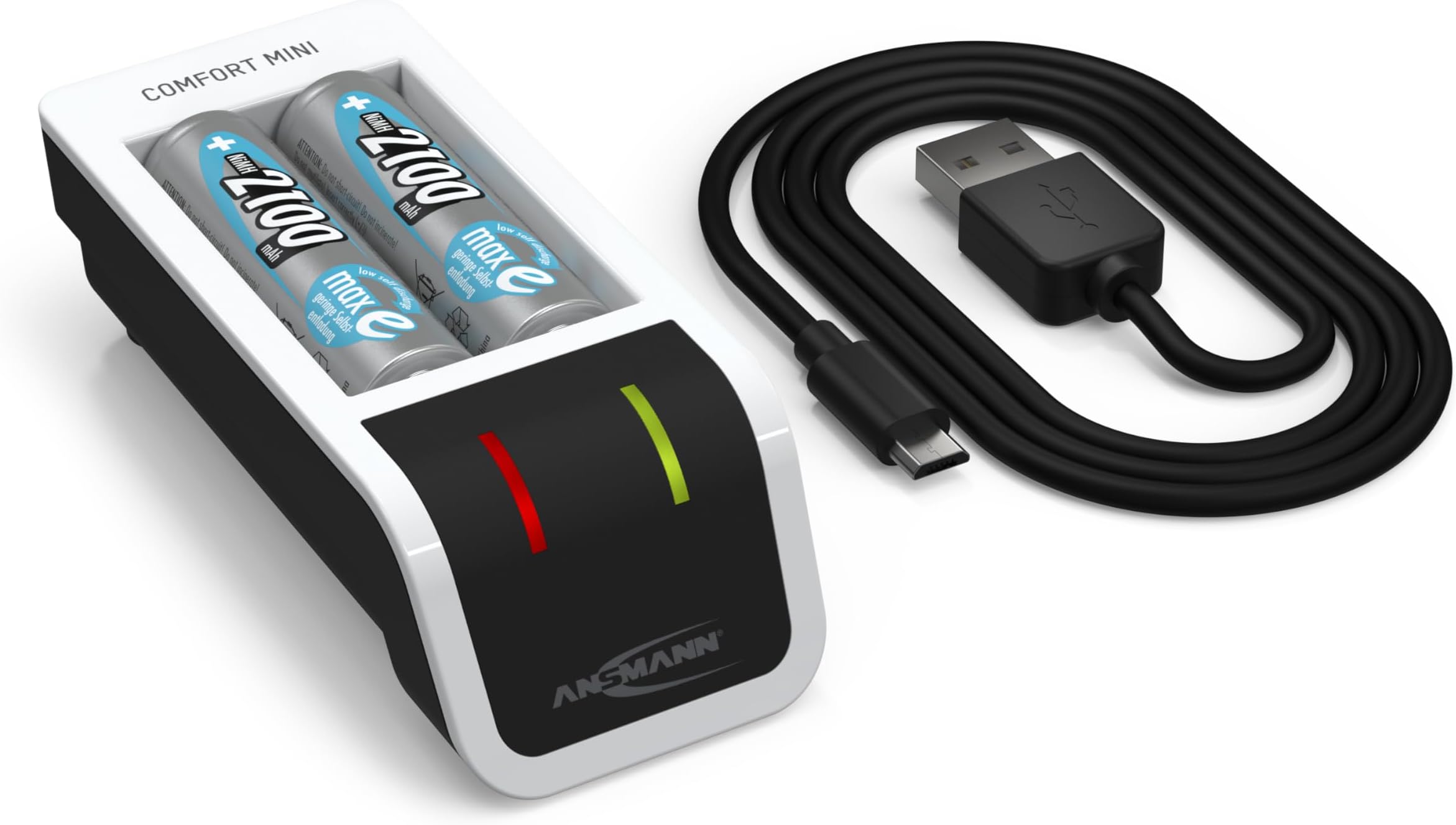 ANSMANN Comfort Mini Battery Charger with 2 x Mignon AA Batteries 2100 mAh Automatic Battery Charger with Perfect 7 Charging Technology, Single Bay Monitoring & Repair Mode