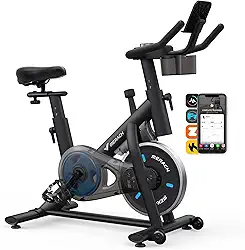 MERACH Bicicleta ergométrica, pastilha de freio/bicicleta estacionária magnética com aplicativo exclusivo, bicicleta de ciclismo interna de baixo ruído com capacidade de peso de 122 kg, suporte para