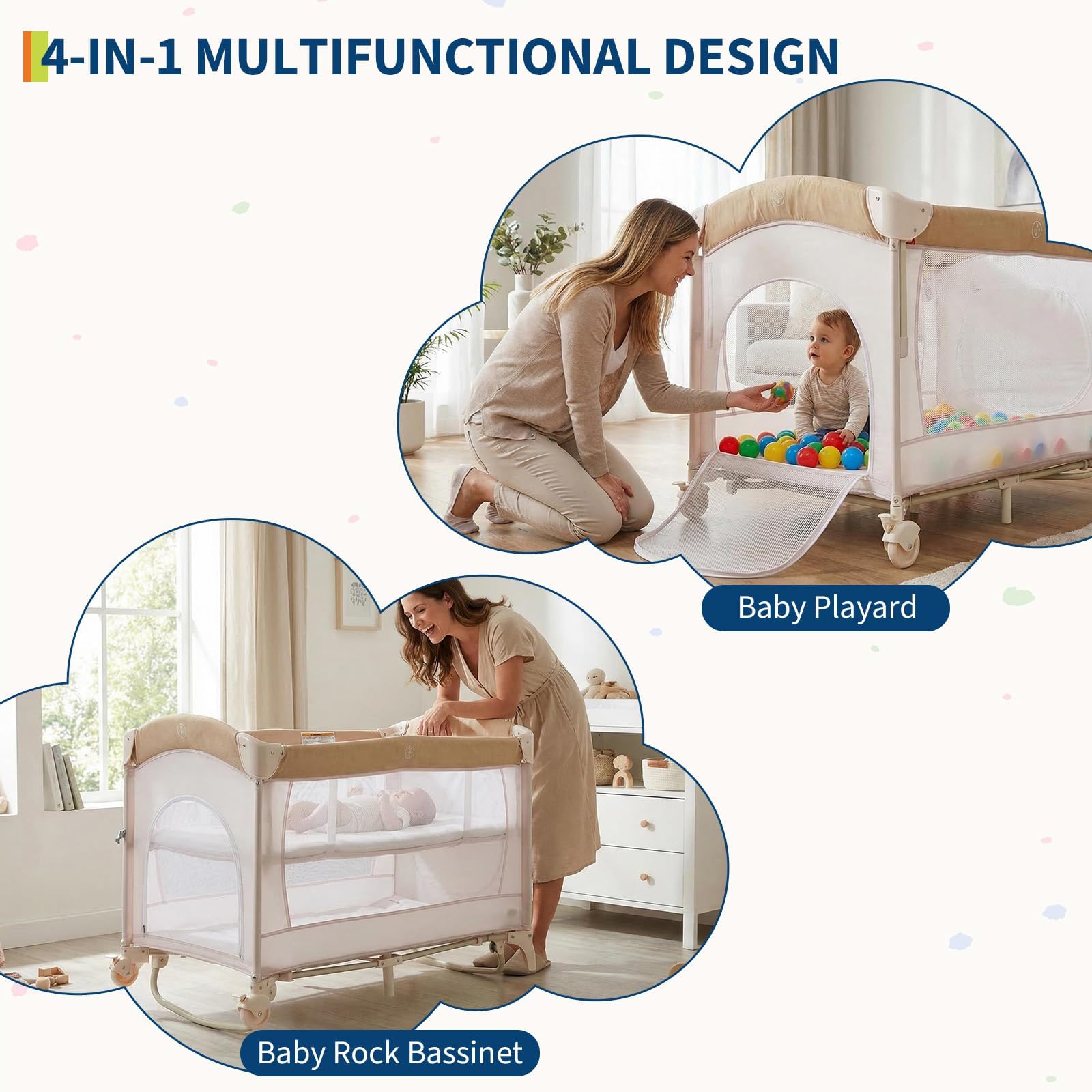 Beistellbett Baby 5-In-1, Reisebett Baby mit Matratze, Babybett Reisebett mit Rollen, Bassinet & Wickeltisch,Faltbarer Laufstall mit Musik-Spielbogen,Matratze, Atmungsaktives Netz, ab Geburt bis 15 kg