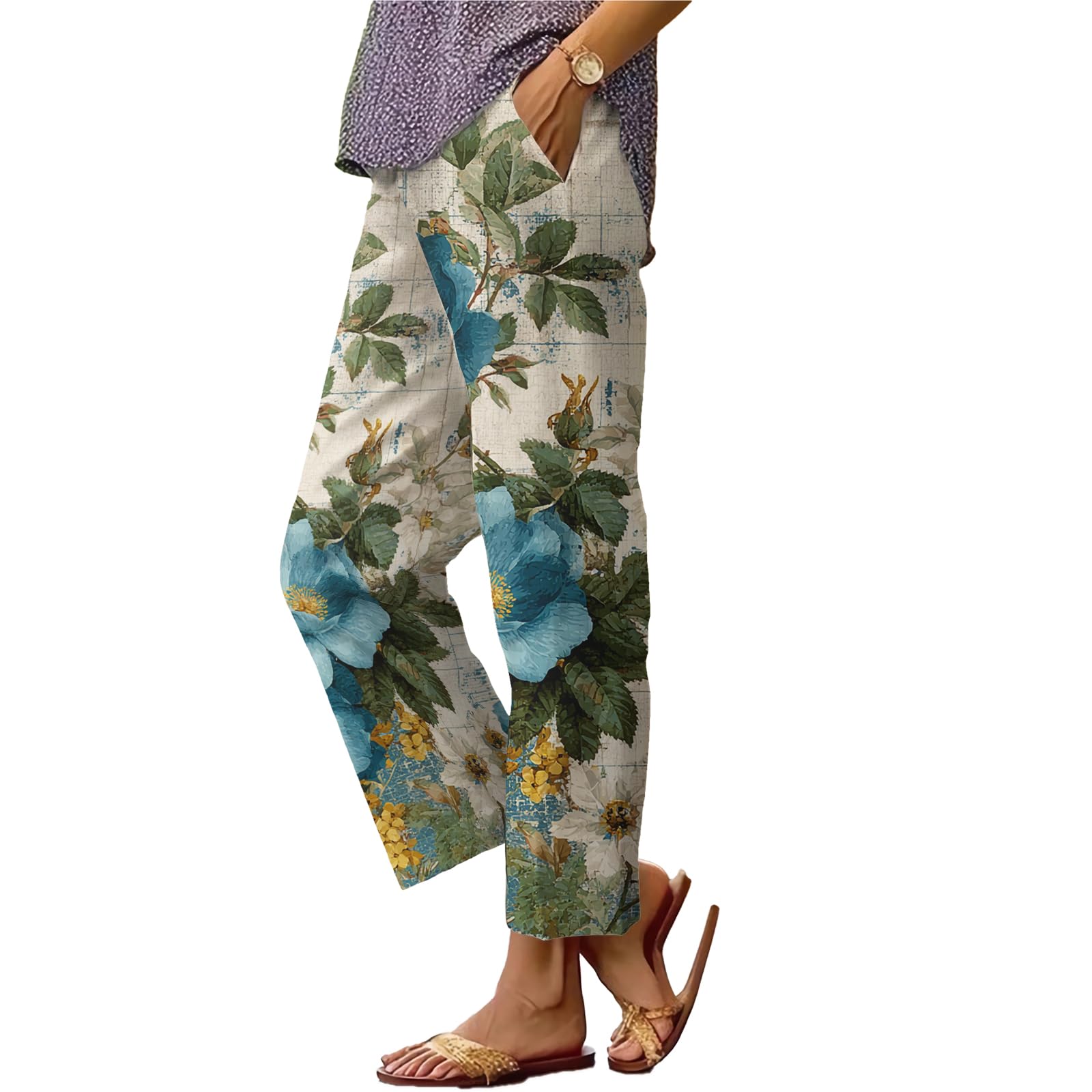 Womens Floral Boho Summer Casual Pants Straight Leg Capris Elastic Waist Capri Pant with Pockets Beach Palazzo Trousers