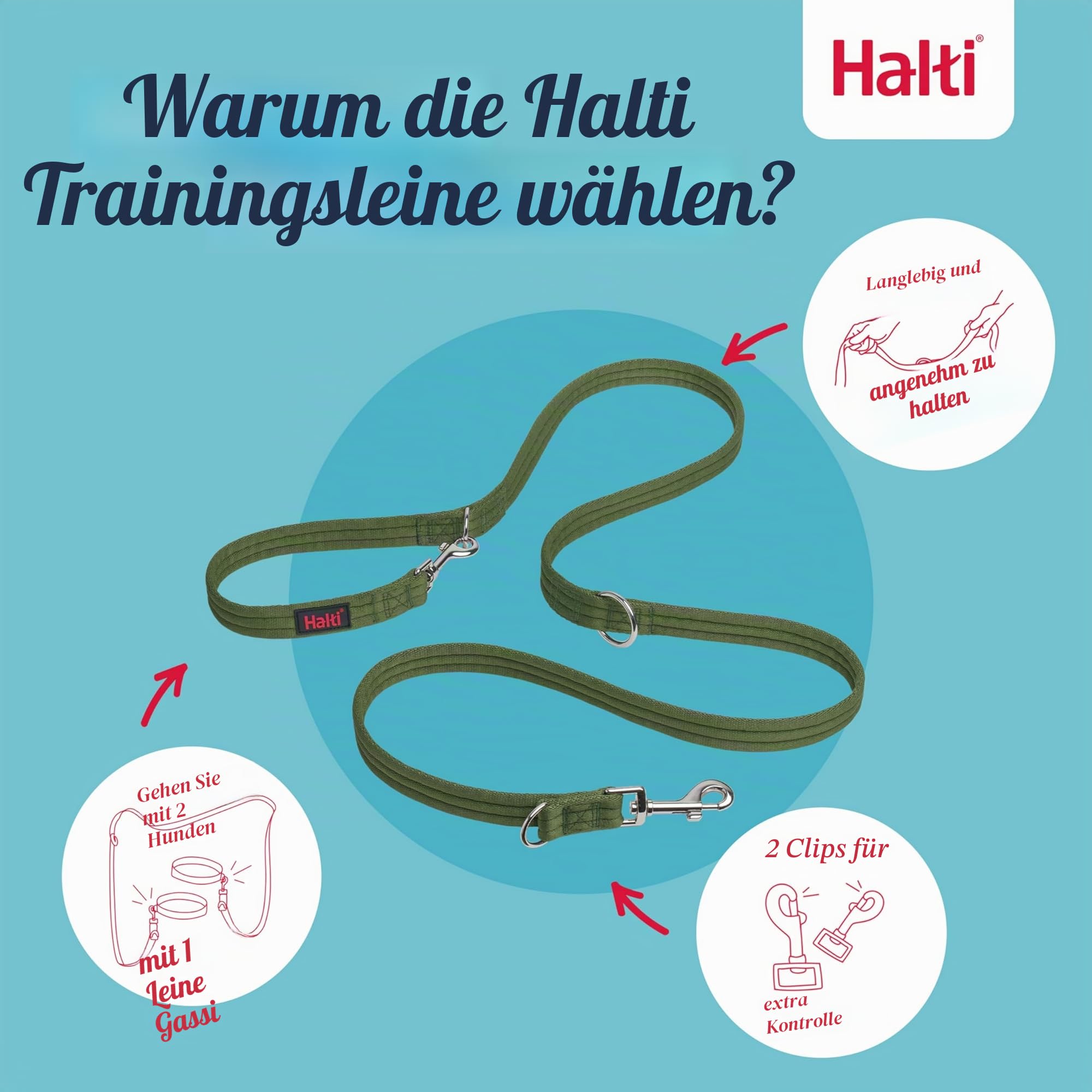 HALTI Doppelführleine - Multifunktionale Hundeleine zum Trainieren und Gassigehen mit Ihrem Hund. Leicht und mit Neopren gepolsterte. Für Welpen geeignet (Größe Groß, Waldgrün, 2m)