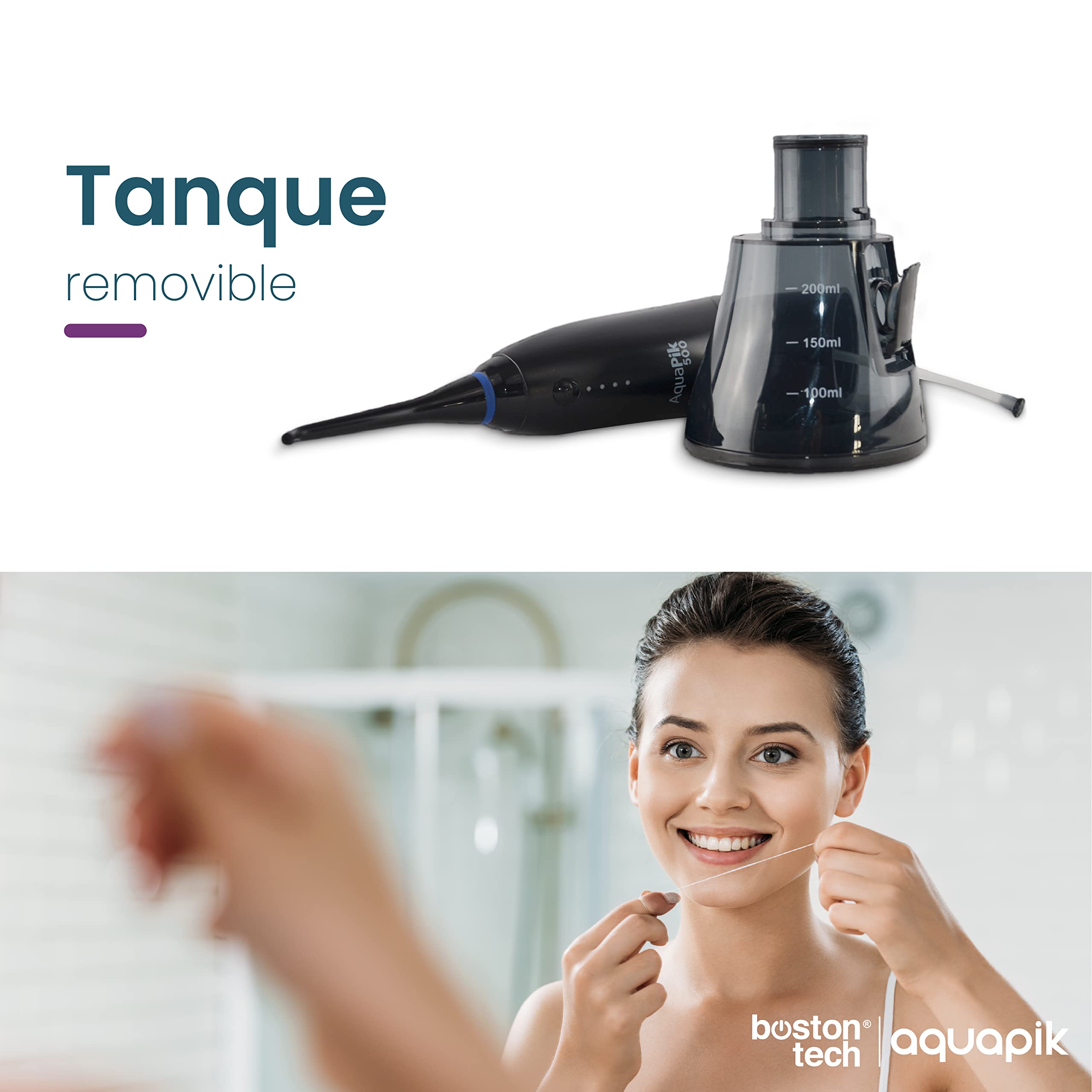 Aquapik 500, Irrigador Bucal Portátil con Diseño Único Deformable Tanque de Agua removible. Irrigador Dental Recargable para Viajes y Oficina.6 boquillas, 4 modos, Impermeable IPX7 (Negro)