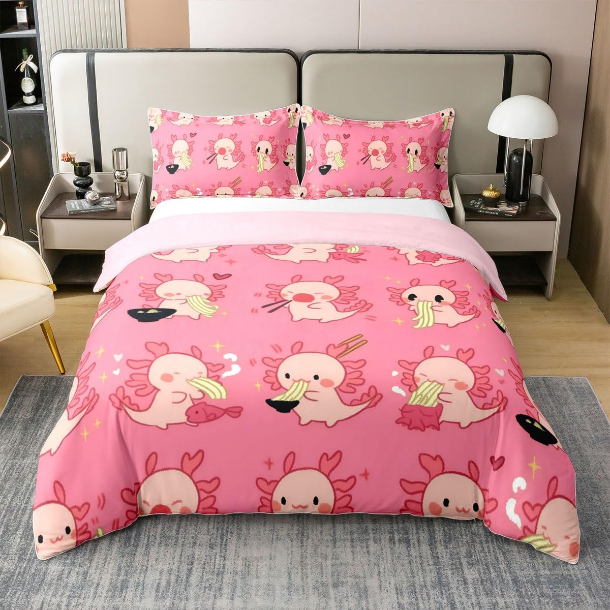 Loussiesd Lustige Axolotl 100% Baumwolle Bettwäsche Set 200x200cm Nette Axolotl Fisch Geschenke für Kinder Jungen Mädchen Bettbezug Ultra weiche Axolotl gezogen Nudeln Muster Betten Bettwäsche-Set