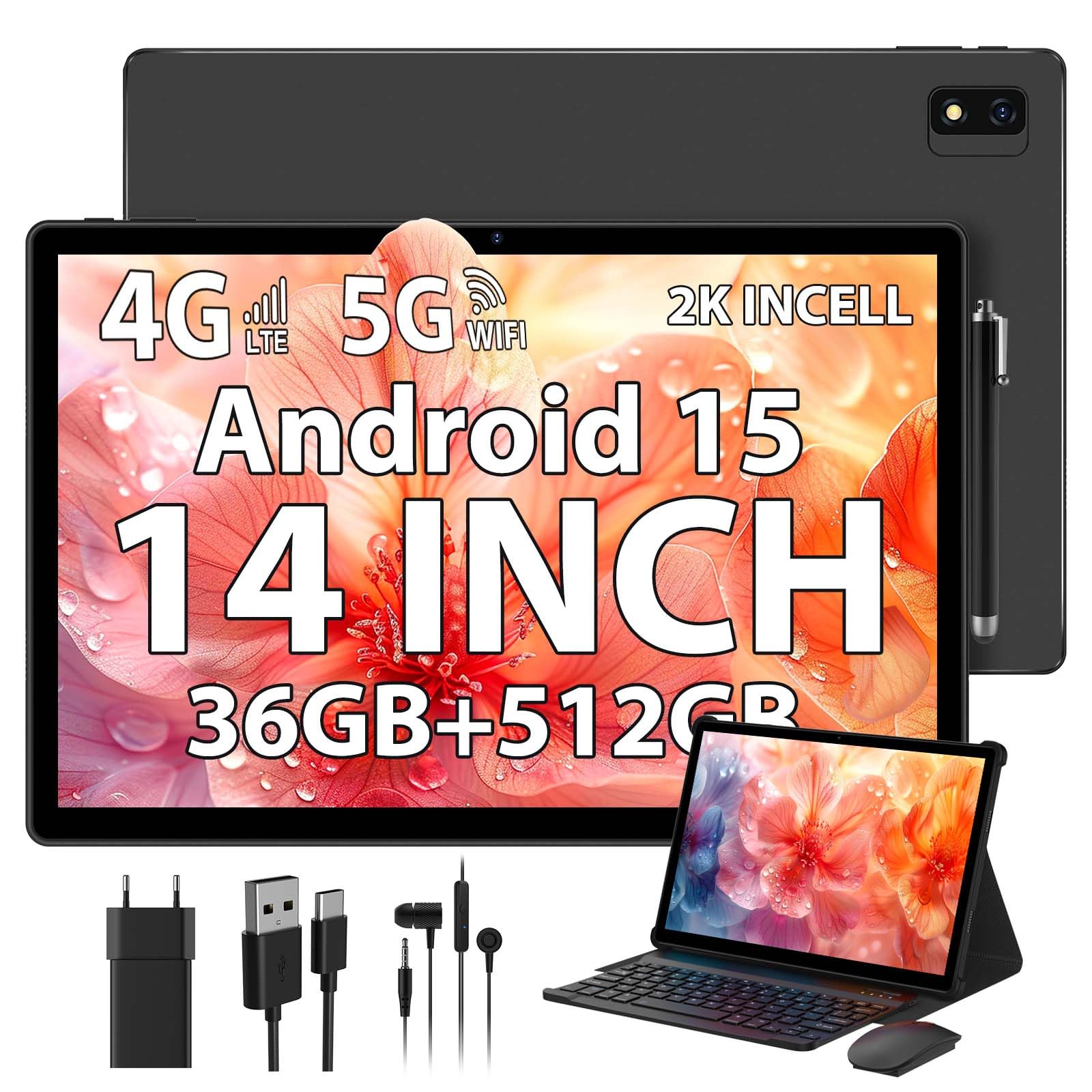 2K Android 15 Tablet 14 Pulgadas, 36GB RAM, 512GB ROM (2TB Expansion), 4G SIM LTE & 5G WiFi, 2000 * 1200FHD, 11580mAh, Octa-Core 2.0GH, 13MP+8MP, Tablet con Teclado/GPS/Bluet 5.0(Negro)