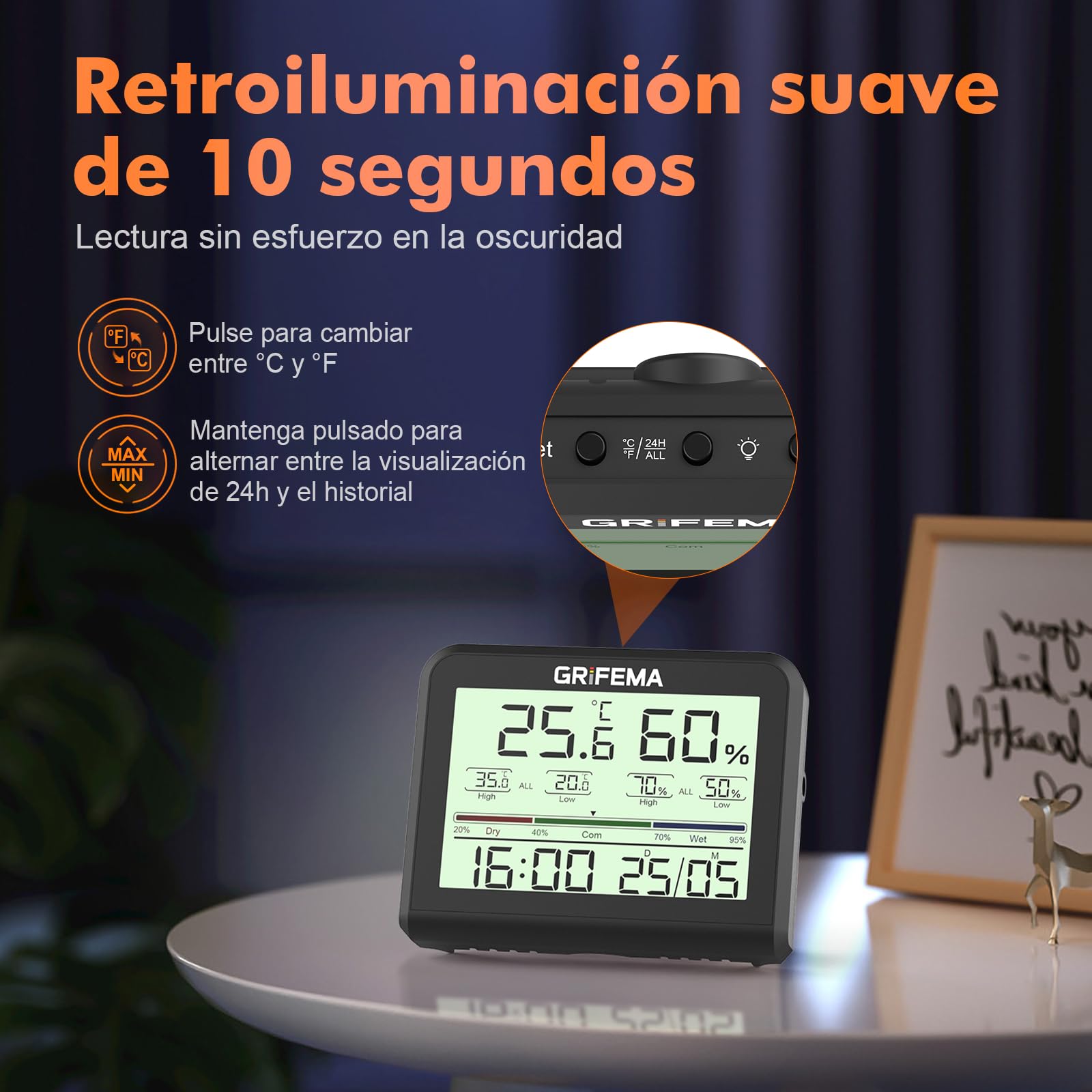 GRIFEMA GA2901B, Termómetro Digital Interior del Higrómetro, Digital Medidor de Humedad con Retroiluminación, Registro Máx/Mín, Reloj/Fecha, Ideal para Hogar/Invernadero, Negro