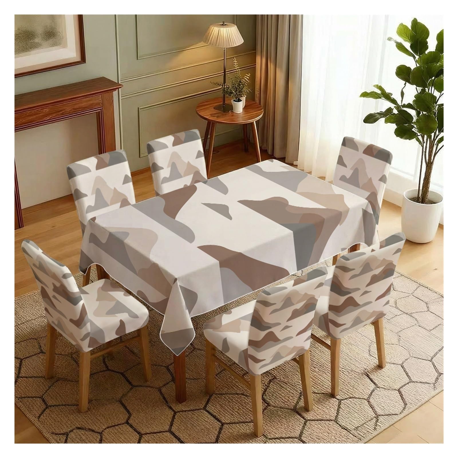 KXUAUV Abstract Neutral Mountain Landscape Dining Tablecloth & Chair Covers Set, 5/7 Piece Minimal Boho Modern Farmhouse Dining Room Decor Party Decor(7pcs Set: Tablecloth+Chair Covers)