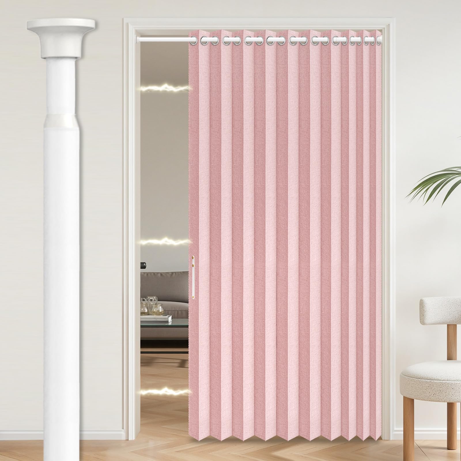 AJAZZ Blackout Accordion Doors Curtain with Curtain Rods Adjustable 28-52" Long, Magnetic Door Curtains for Bedroom Living Room Doorway Curtain Set, 1 Pack, W55 x L80 in, Pink