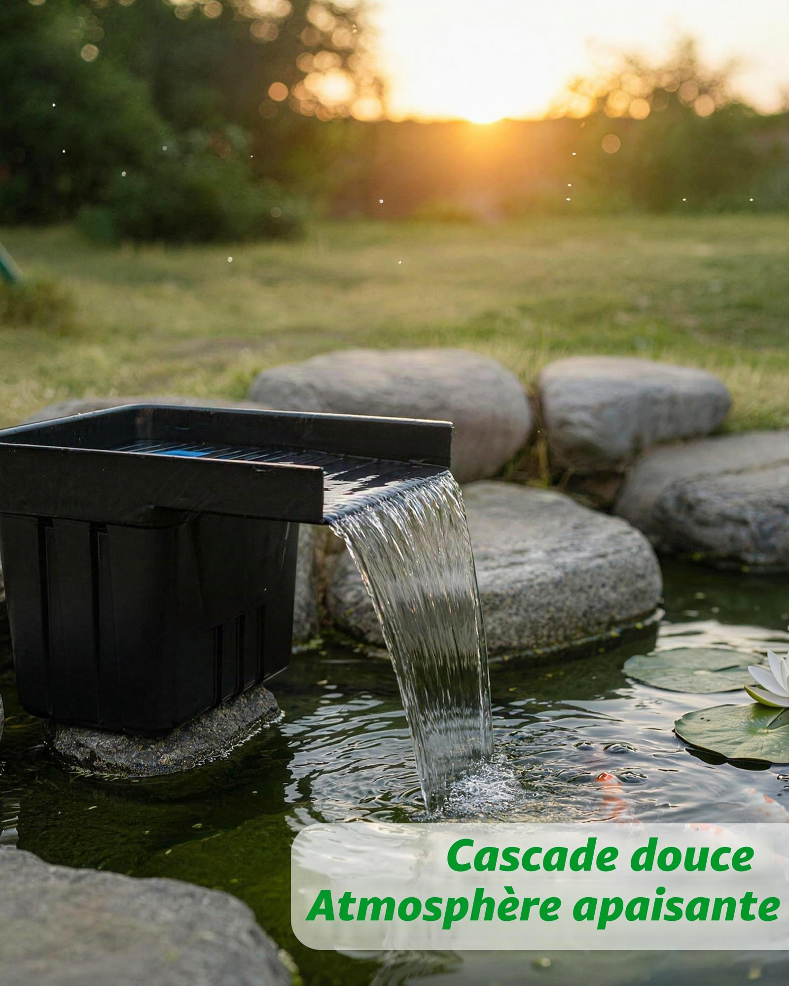 POPOSOAP Cascade d’étang solaire avec panneau solaire 120W & pompe 6000 L/h, tuyau ondulé 3m, média filtrants, cascade pour étang de jardin extérieur, ruisseaux