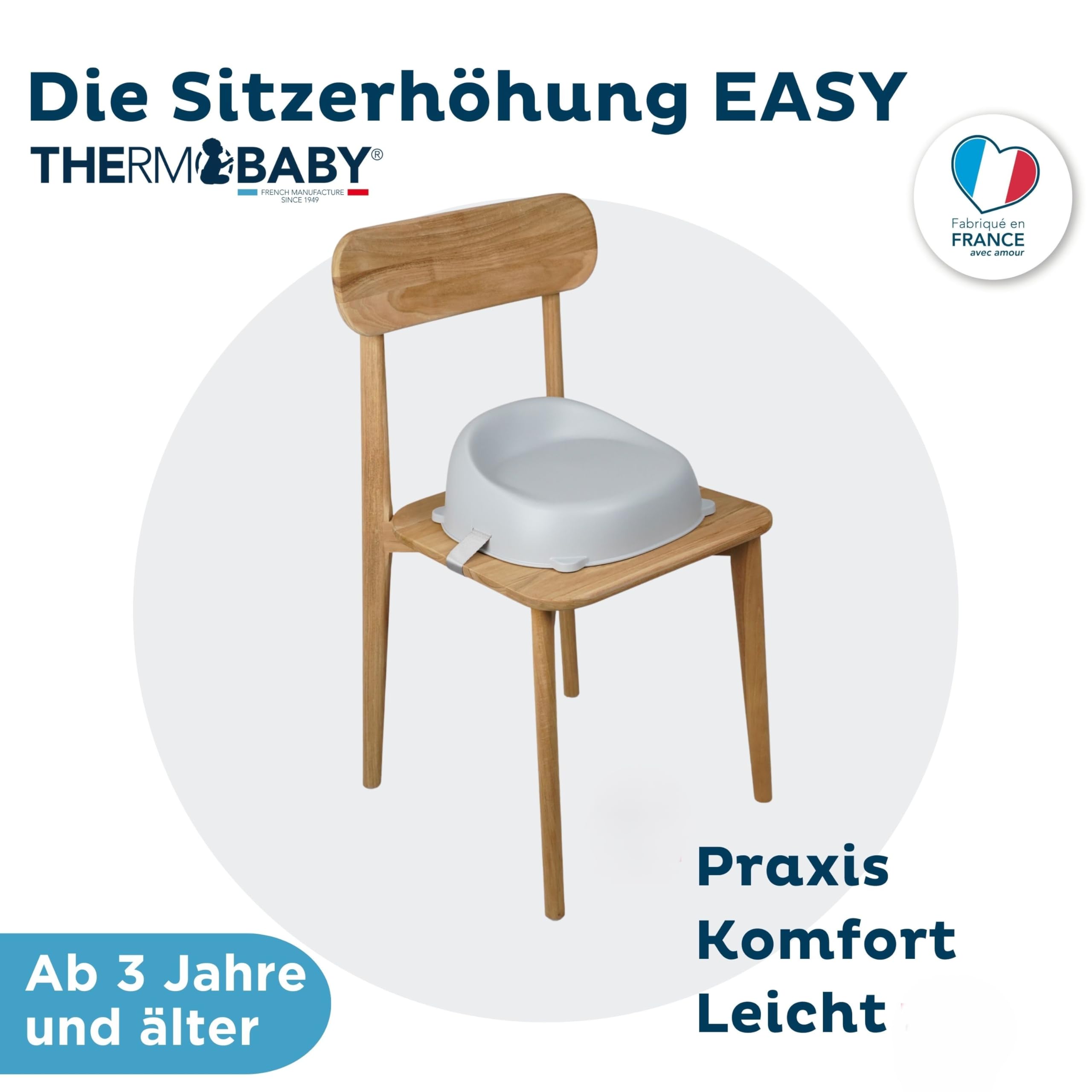 THERMOBABY - Łatwe podnoszenie krzesła - Podnoszenie - Dzieci w wieku od 3 do 6 lat (lub do 30 kg) - Wygodne - Lekkie i przenośne - Łatwy montaż - Szare Charme - Wyprodukowano we Francji