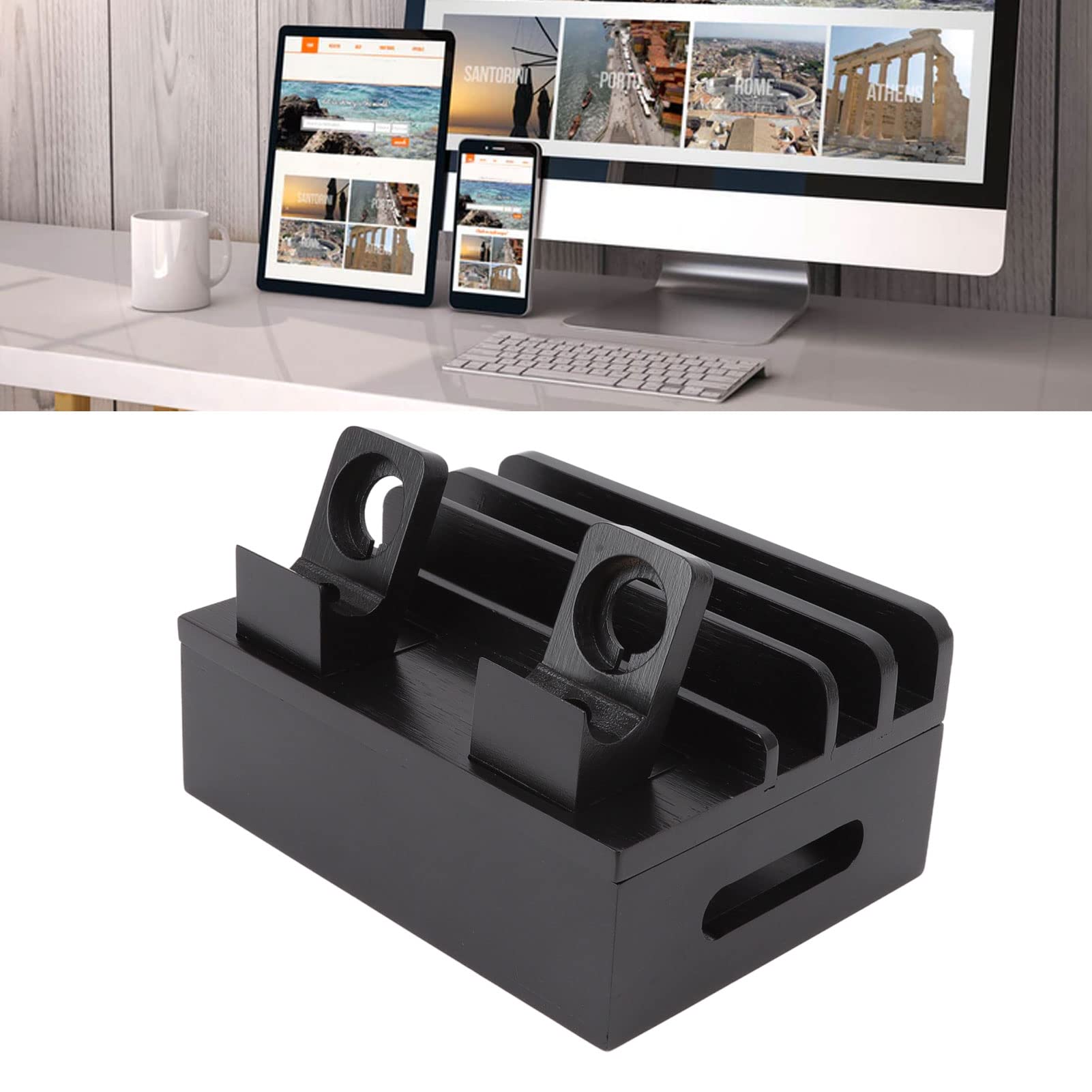 Pyhodi Bambus-Ladestation für Mehrere Geräte, Multifunktions-Ladestation mit 5 Anschlüssen, Magnetisches Design, Schreibtisch-Dockingstationen, Elektronischer Organizer für Telefone, (Schwarz)