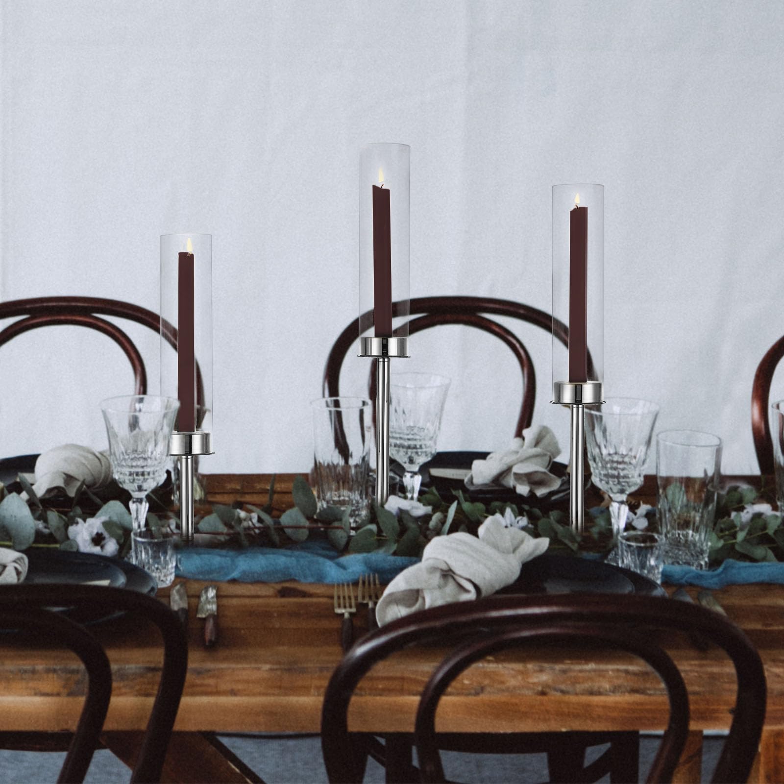 Sziqiqi Kerzenhalter Kerzenständer Silber Metall für Hochzeitstisch Mittelstücke - 48cm Hoch Kerzenständer 6er Set Windlicht Kerzenhalter Stabkerze mit Glas für Esszimmer Kaffee Tischdekoration