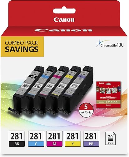 Miniatura 2 de Canon CLI-281 - Paquete combinado de depósito de tinta de 5 colores con papel fotográfico de 5 x 5 pulgadas (2091C006) + tanque de tinta negra Canon