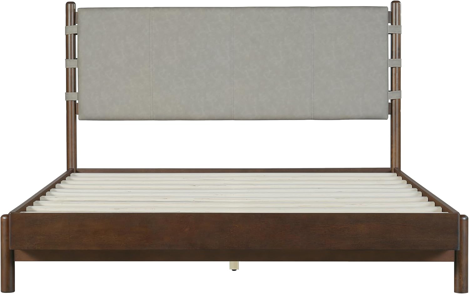 Christopher Knight Home Roach Mid Century Modern Rubber Wood Queen Bed Frame with Headboard, Upholstered Platform Bed Frame Queen Size, Easy Assembly, No Box Spring Needed, Light Gray + Walnut