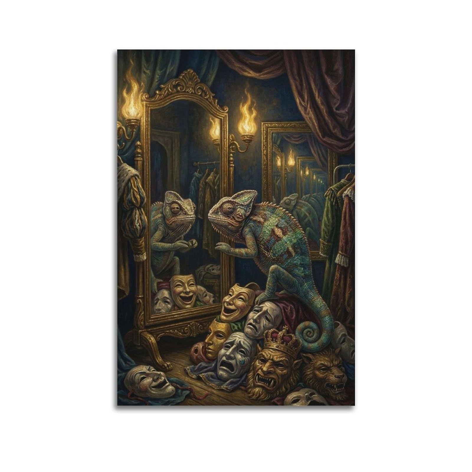 XKUGA Surreal Vintage Animal Poster Chameleon Identity Masks Modern Decorative Canvas Prints - Ideal Wall Art for Family, Man Cave, Game Room, Boys & Girls Bedroom 20x30inch(50x75cm)