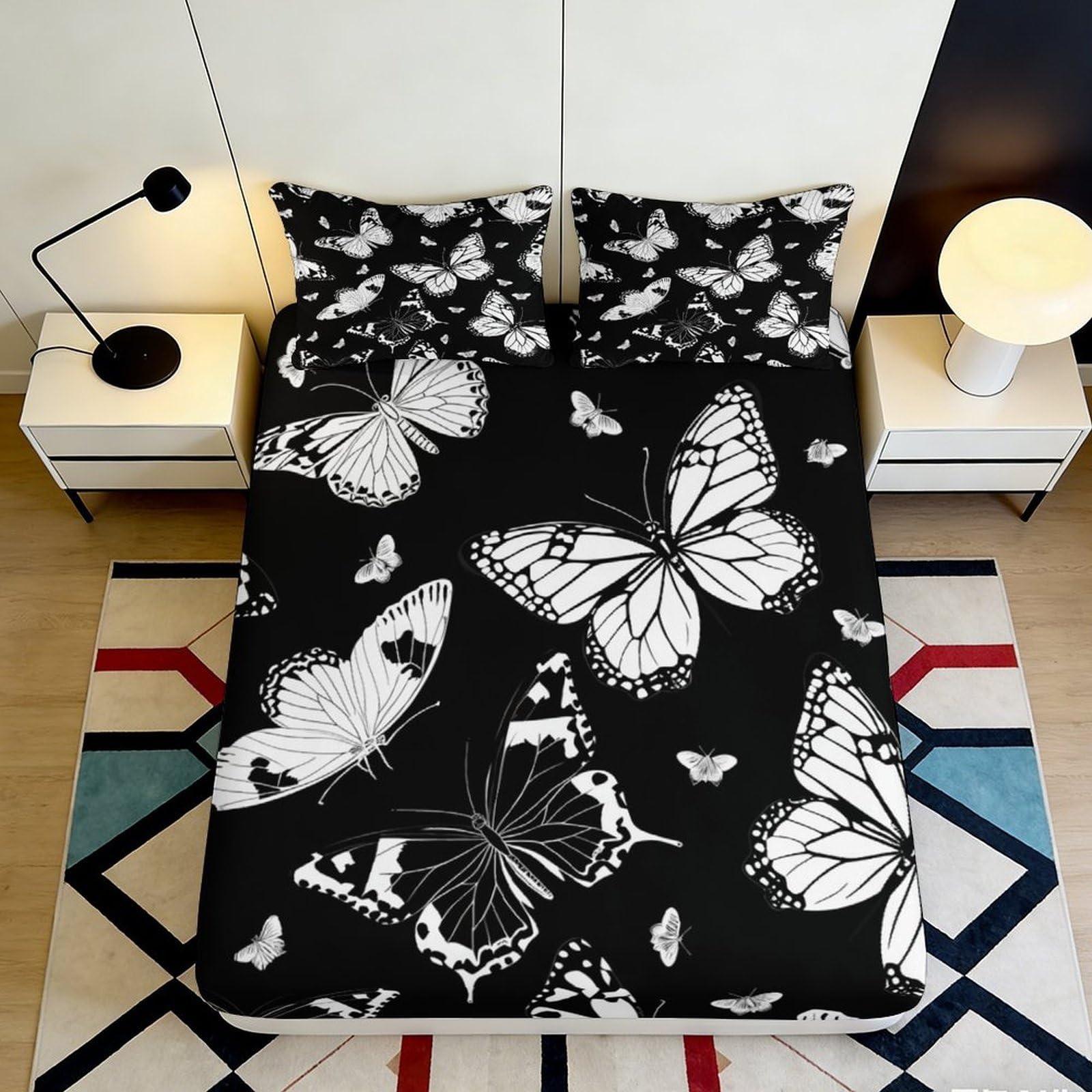 3D Printed Black White Butterfly Fitted Sheet Microfiber Soft Breathable Monochrome Bed Cover for Bedroom Dormitory Guest Room Mattress Protection Decor 140x200x25cm