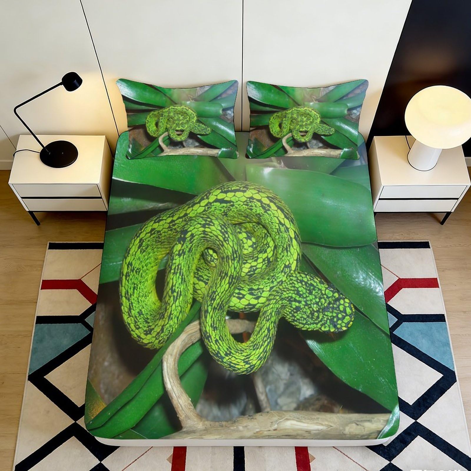 3D Printed Green Snake Fitted Sheet Microfiber Soft Breathable Jungle Leaves Mattress Cover for Bedroom Dorm Décor 90x200x25cm