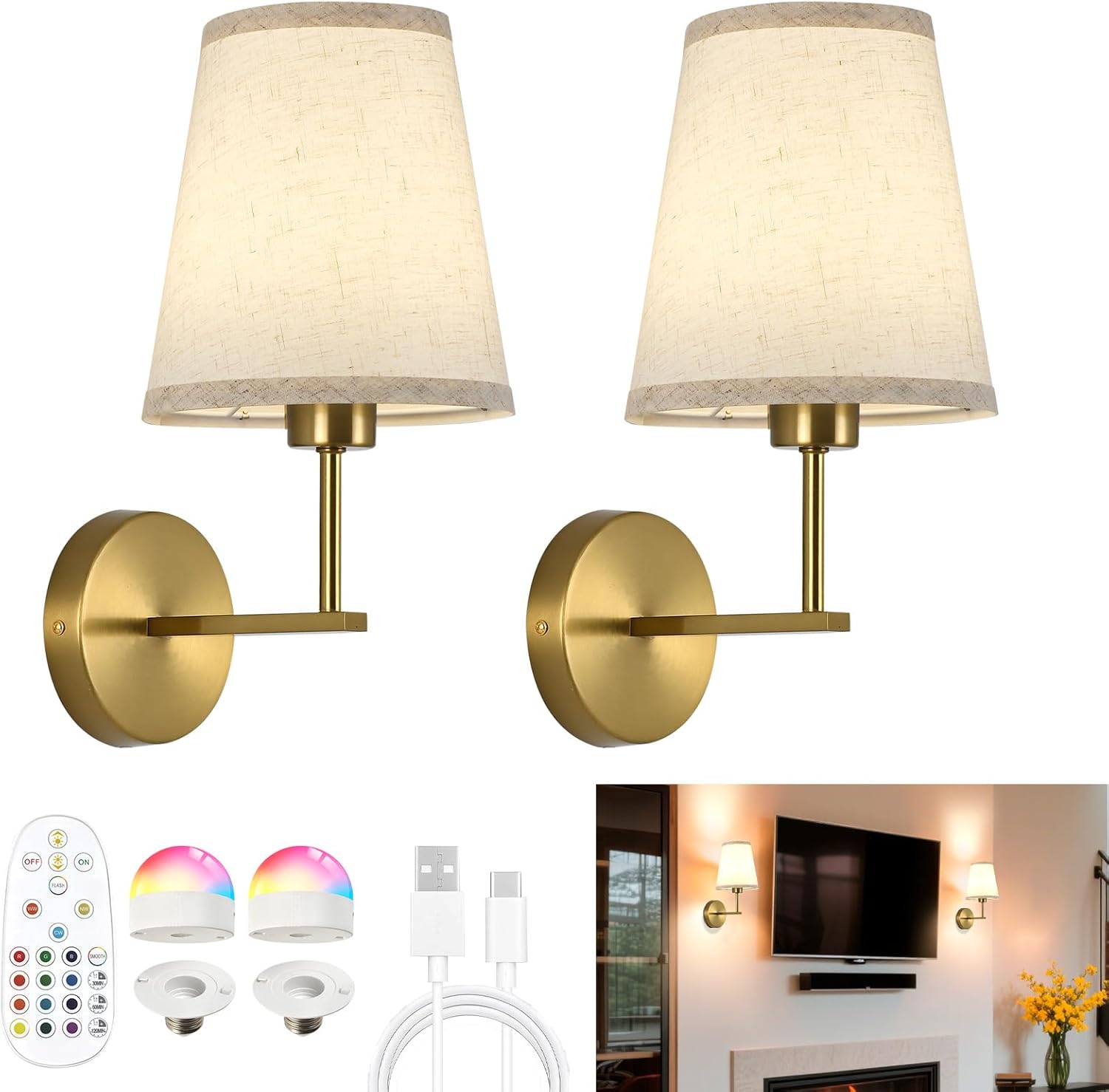 Battery Operated Wall Sconces Set of Two, Dimmable Rechargeable Battery Wall Light with RGB Bulb, Rechargeable Wall Mounted Sconce Lamp with Remote Control for Bedroom, Living Room, Entryway, Gold