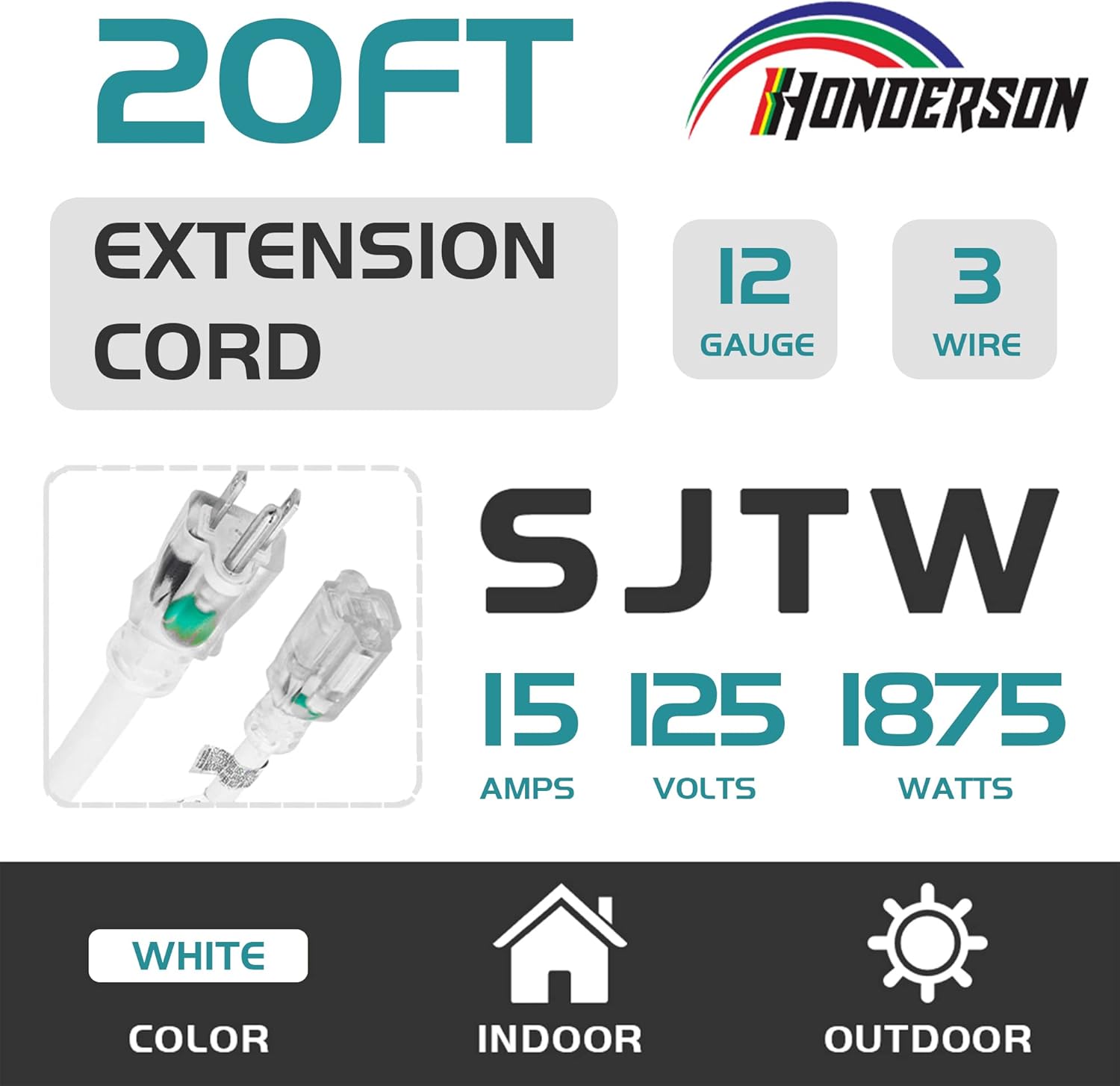 Indoor Outdoor Extension Cord Weatherproof with Lighted End, UL Certified, 12 Gauge 20FT White 3 Prong Heavy Duty, 12/3 SJTW 15A Power Cord for Outdoor Lights, Lawn