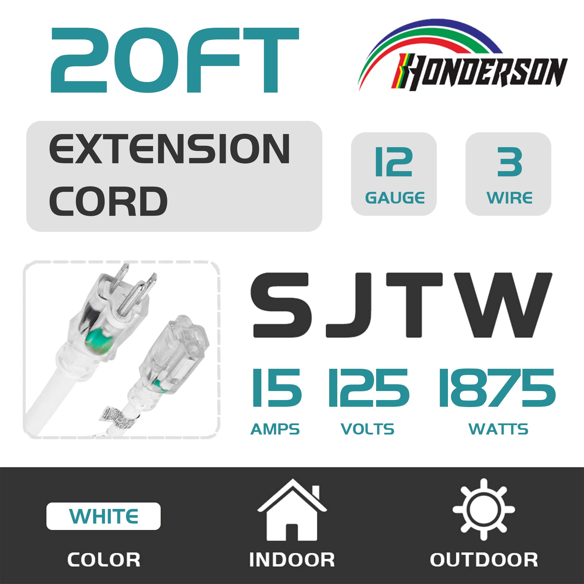 Cable de Extensión para Exteriores con Iluminación 12/3: Cable de Extensión Resistente Sjtw de Calibre 12 Y 3 Clavijas con Enchufe con Conexión A Tierra de 3 Clavijas para Mayor Seguridad, C