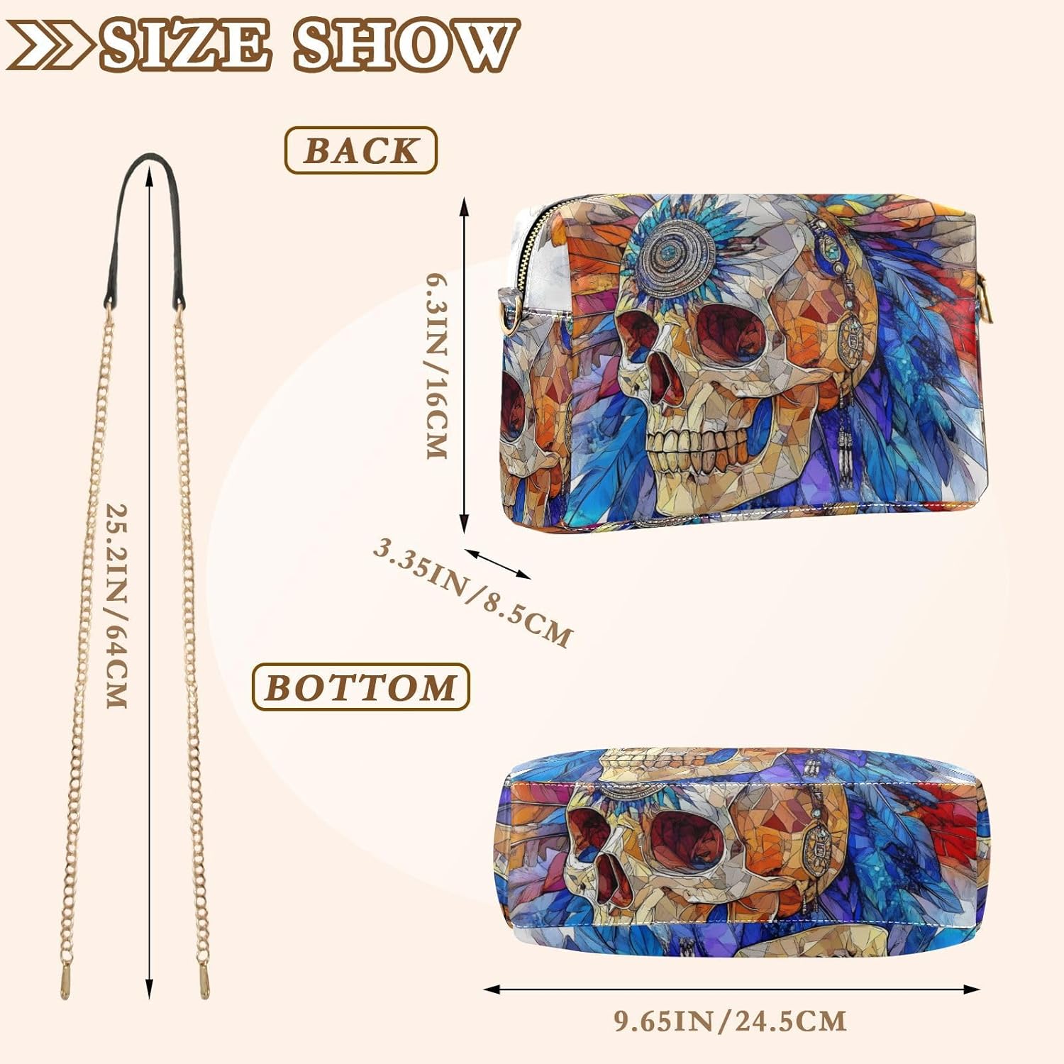 Women Crossbody Bag Shoulder Handbag Cellphone Purse Stained Glass Skull Print, PU Leather Metal Chain Strap Water Resistant Zipper Closure