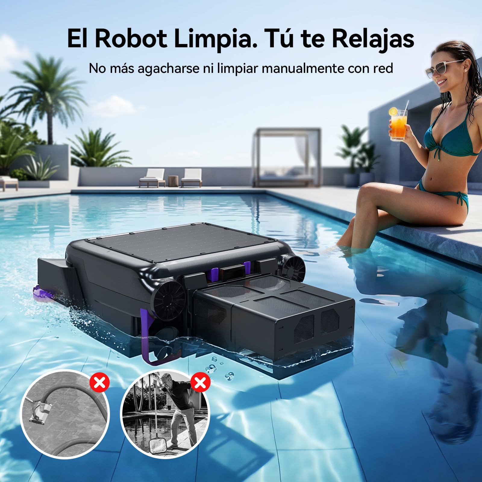 Redkey S500 Robot Skimmer de Piscina Solar, Robot Piscina Solar Superficie 24/7, Motores Dobles, Sistema de Carga Dual, Detección Inteligente de Obstáculos, Sistema de Filtración Fina 200µm