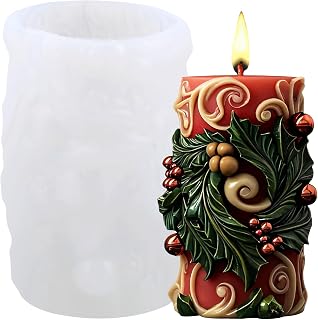 XIAOSHUI 3D Christmas Candle Mold Holly Leaf Column Candle Silicone Molds Christmas Cylinder Resin Casting Mold for Candle Making Aromatherapy Candles Gypsum Polymer Clay Craft Candle Home Decorate