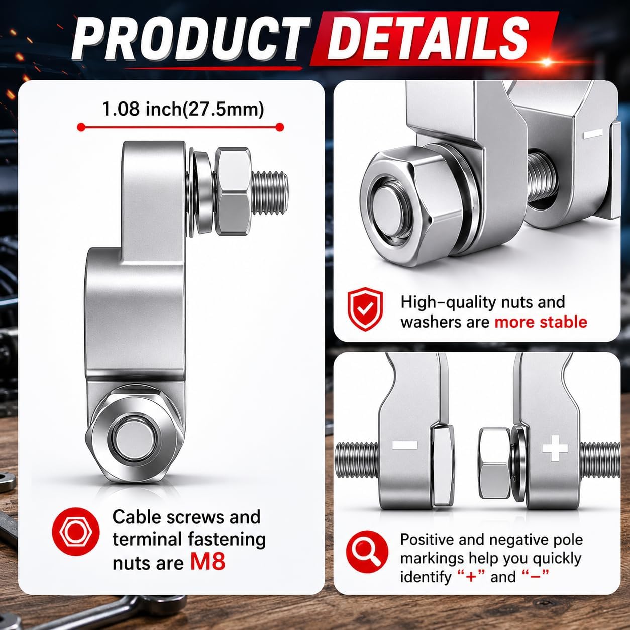 Battery Terminal Connectors,Military Spec Positive Negative Heavy Duty Battery Terminals with 2 Anti Corrosion Washers for Cars,Trucks,Marine etc(4PCS)