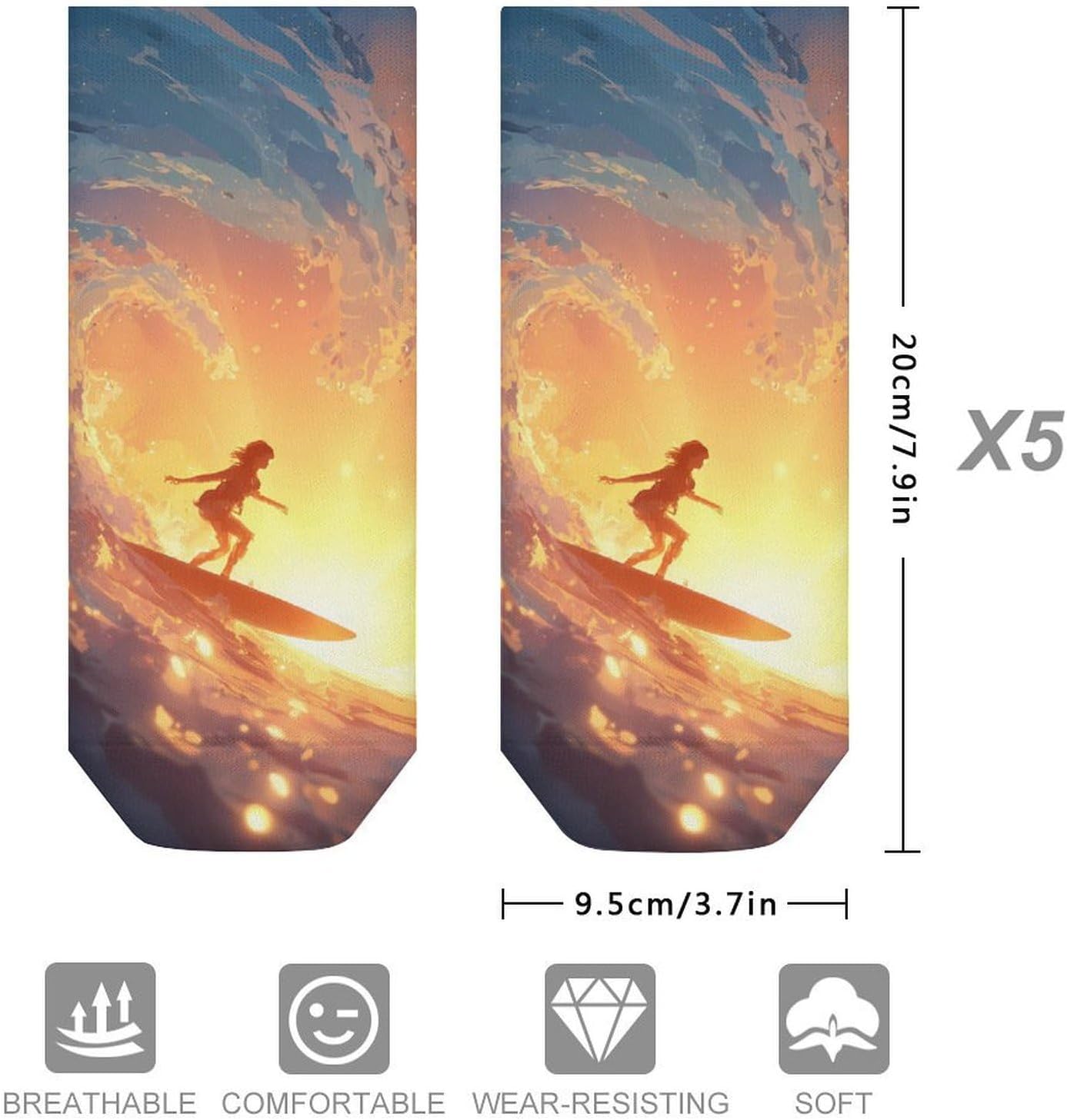 Surfers Surfing at Sunset No Show Ankle Socks Low Cut Non Slip Flat Boat Line 5 Pairs Set