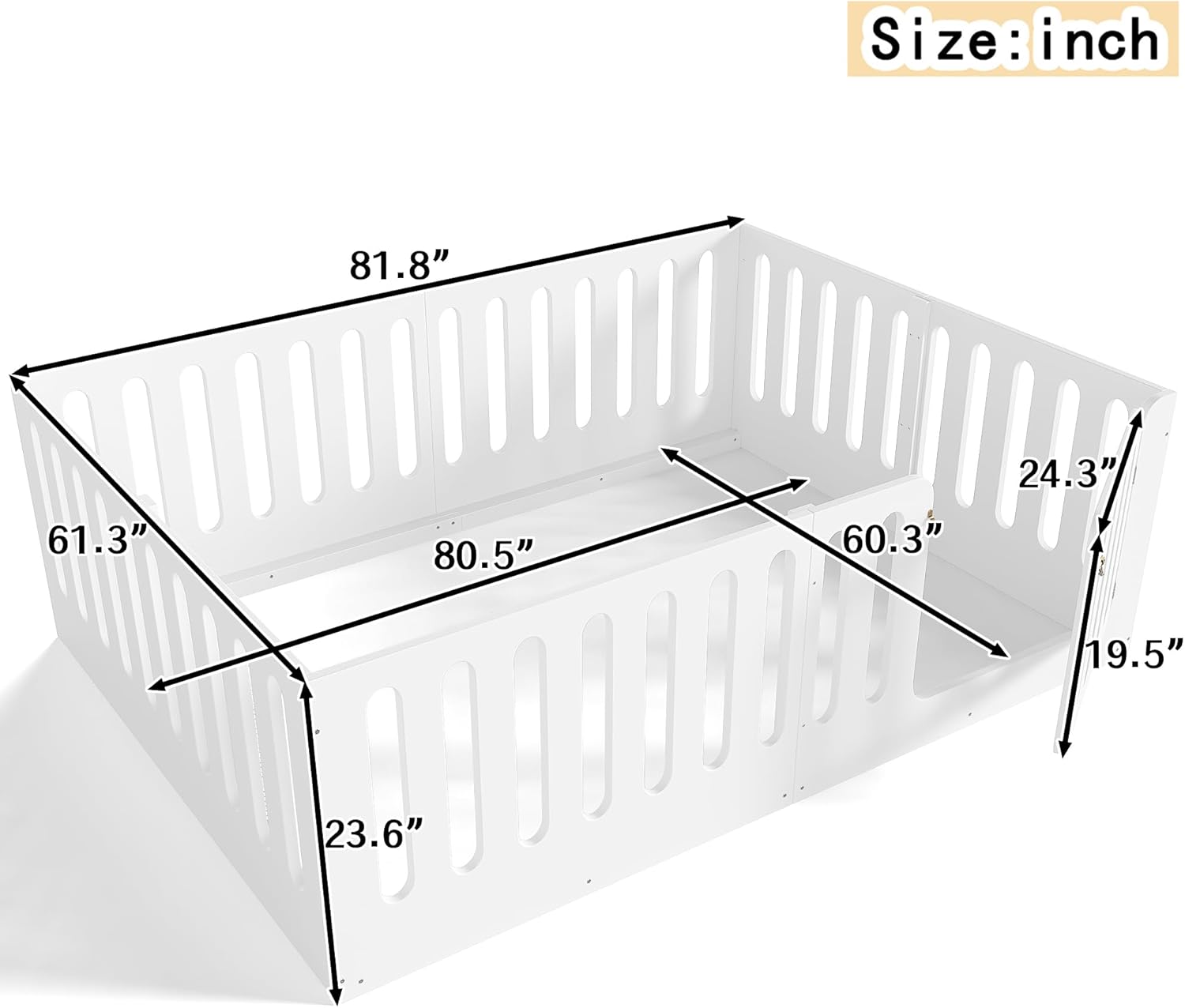 Bellemave Queen Floor Bed with High Rails and Door, Queen Size Wood Montessori Floor Bed Frame, Low-Profile Design, Easy Assemble, Multi-Functional Play & Sleep Space, White
