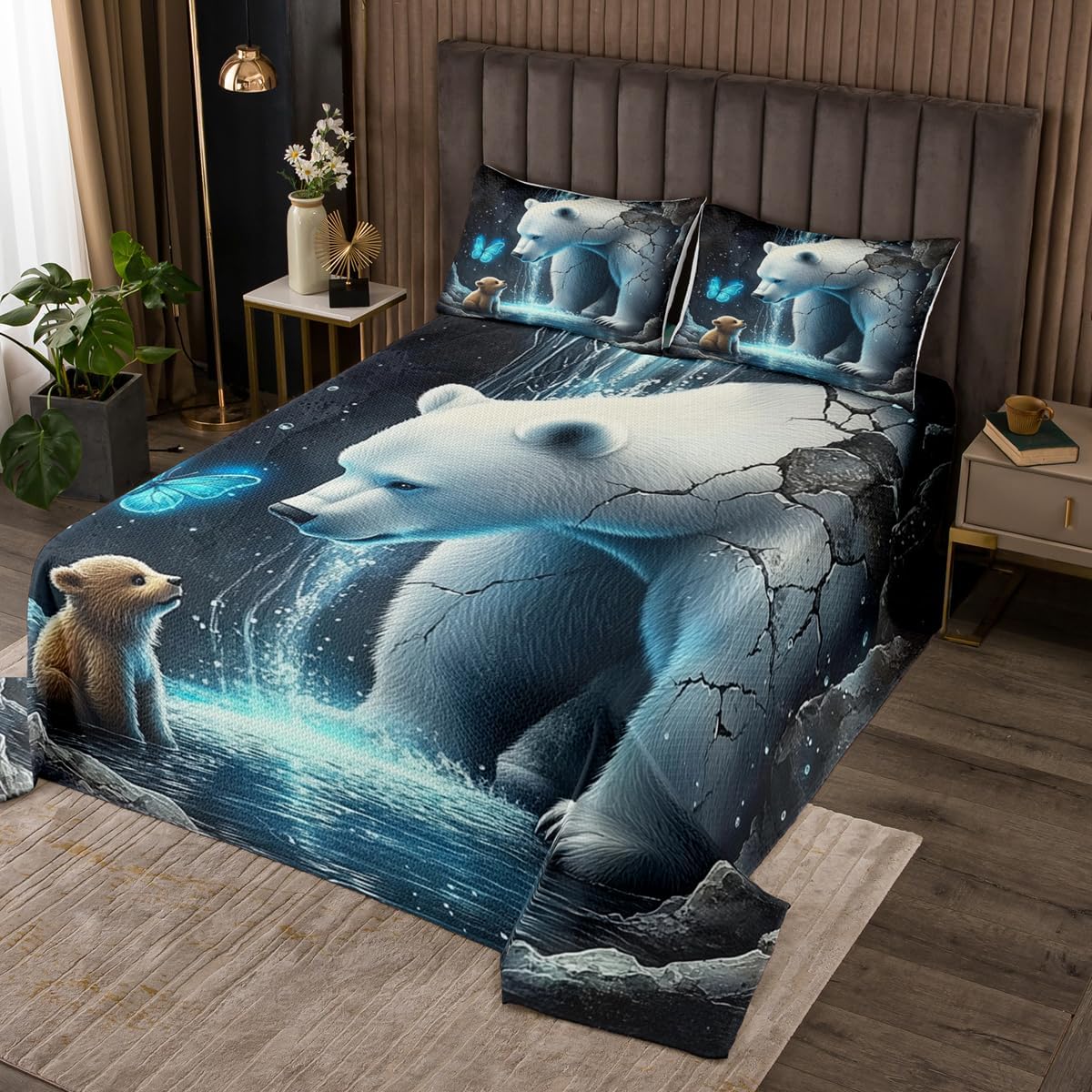 Erosebridal Bears Coverlet Set King Size Butterfly Bedding Set for Kids Boys Girls Broken Cave Water Droplets Pool Quilted Coverlet Cute Wild Animals Natural Quilted