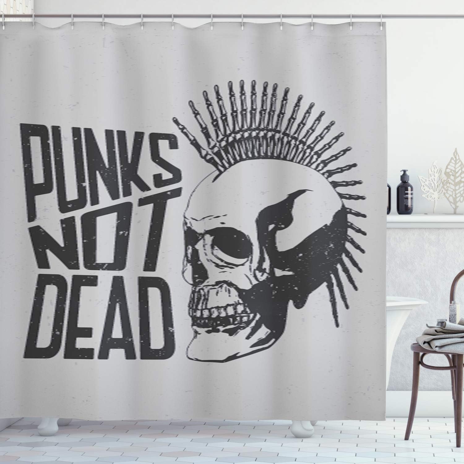 Lunarable Rock Band Shower Curtain, Punks not Dead Calligraphy Poster Design with a Skull in Greyscale Tones, Cloth Fabric Bathroom Decor Set with Hooks, 69" W x 75" L, Pale Grey Dark Grey