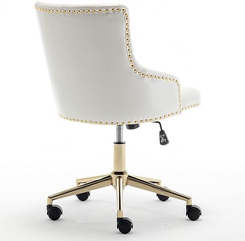 Miniatura 6 de BTEXPERT Silla de oficina en casa con base dorada de piel sintética blanca, ajustable, tapizado de uñas dorado, tapicería, dormitorio, estudio,