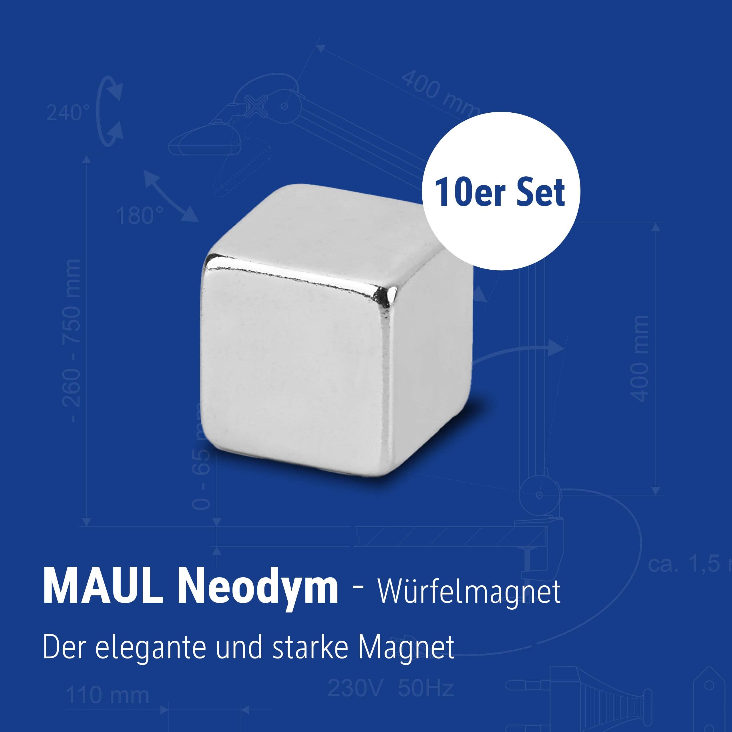 MAUL Magnes Neodymowy w Kształcie Kostki – Magnes O Dużej Przyczepności do Wszechstronnego Zastosowania – Silny Magnes O Eleganckim i Nowoczesnym Wzornictwie – 10 X 10 X 10 Mm – Opakowanie 10 Sztuk –