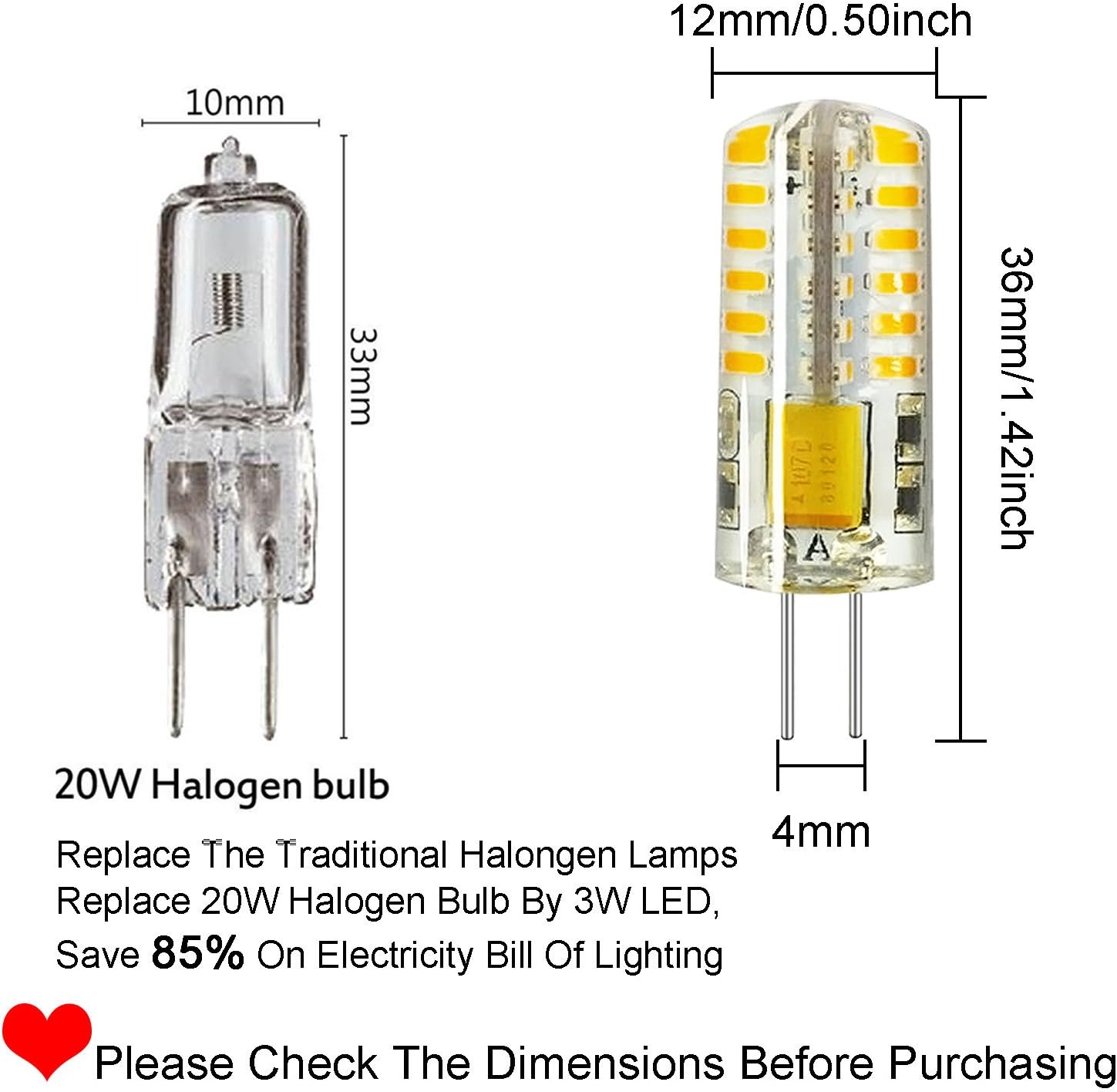 RAYHOO 10pcs G4 Base LED Light Bulbs, Warm White 3000K, 3 Watt Equivalent to 20W T3 Halogen Track Bulb, Non-dimmable, DC 12V