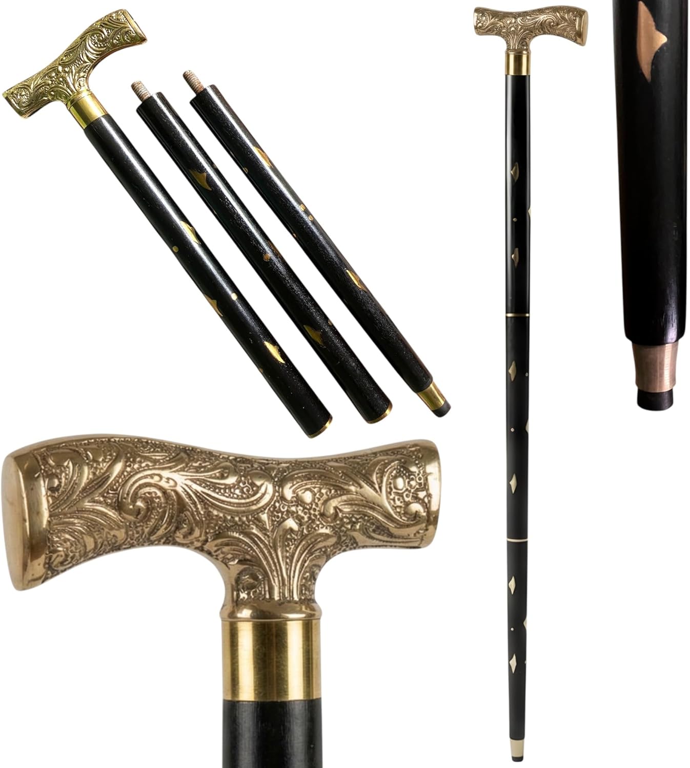 Handmade Wooden Walking Cane – Solid Brass Edwardian Derby Handle, 36” Hardwood Walking Stick with Brass Inlay & Anti-Slip Rubber Tip for Seniors | Ergonomic Orthopedic Grip | Costume, Cosplay